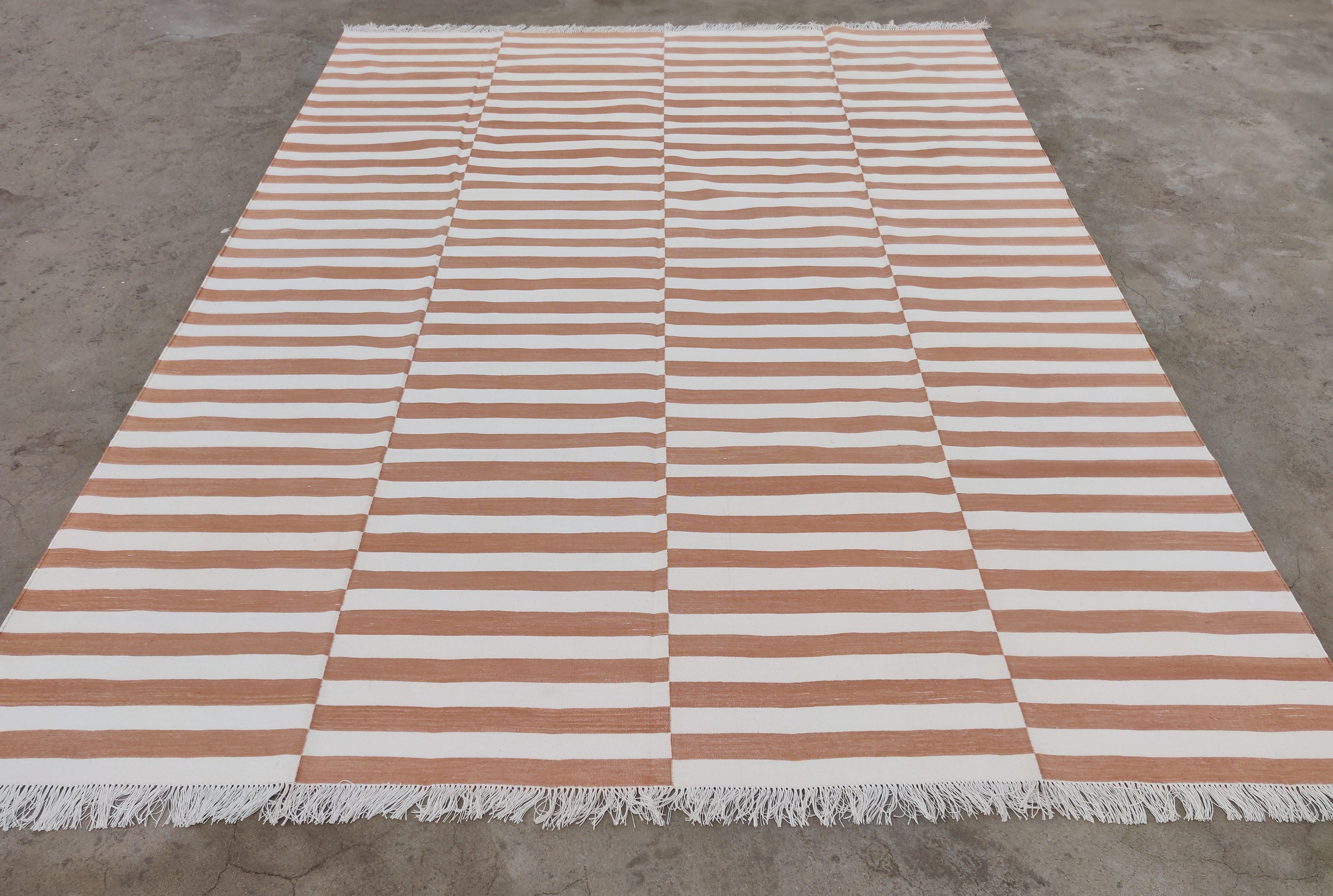 Handmade Cotton Area Flat Weave Rug, Tan & White Up down Striped Indian Dhurrie For Sale 1