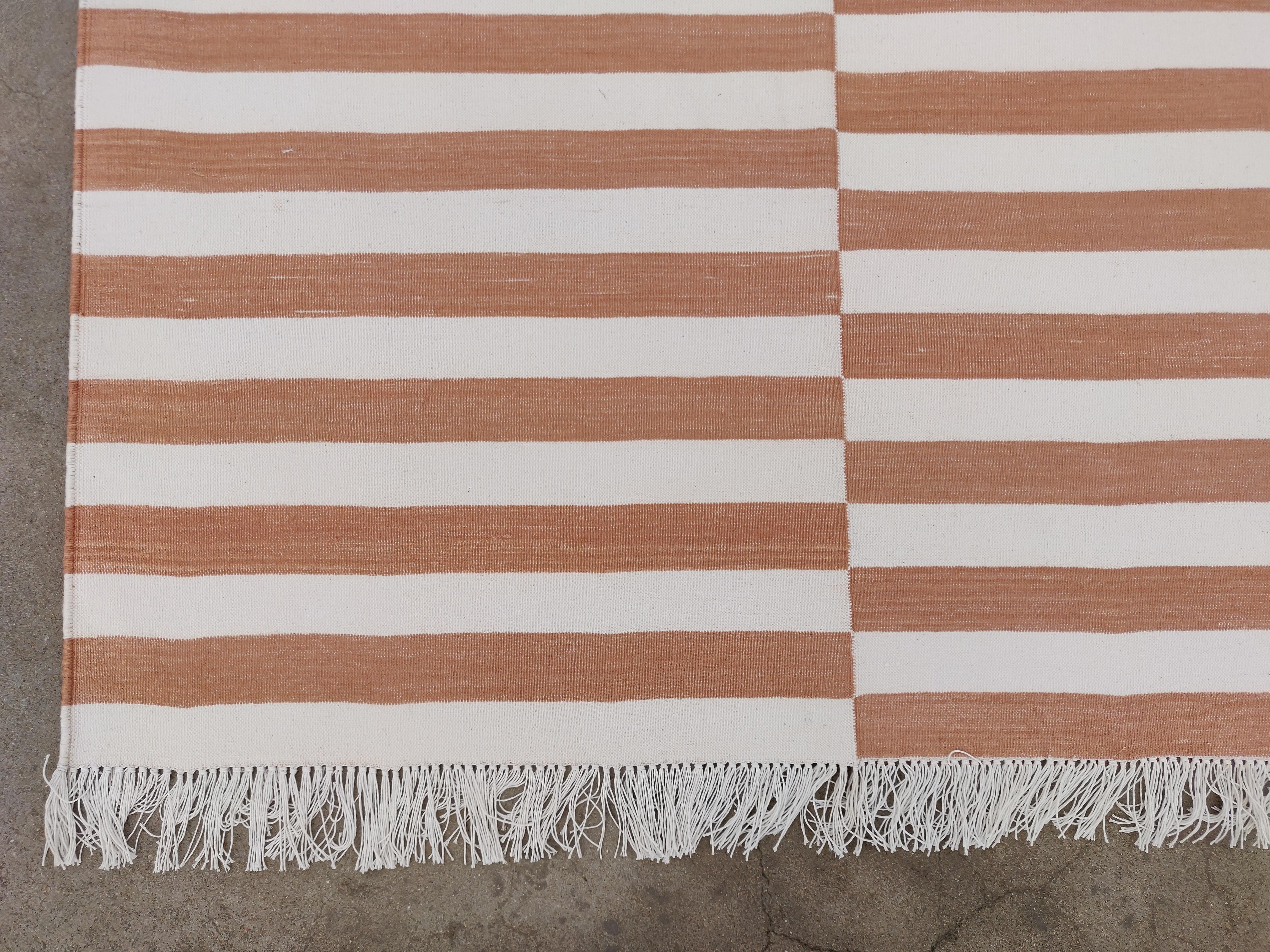 Handmade Cotton Area Flat Weave Rug, Tan & White Up down Striped Indian Dhurrie For Sale 3
