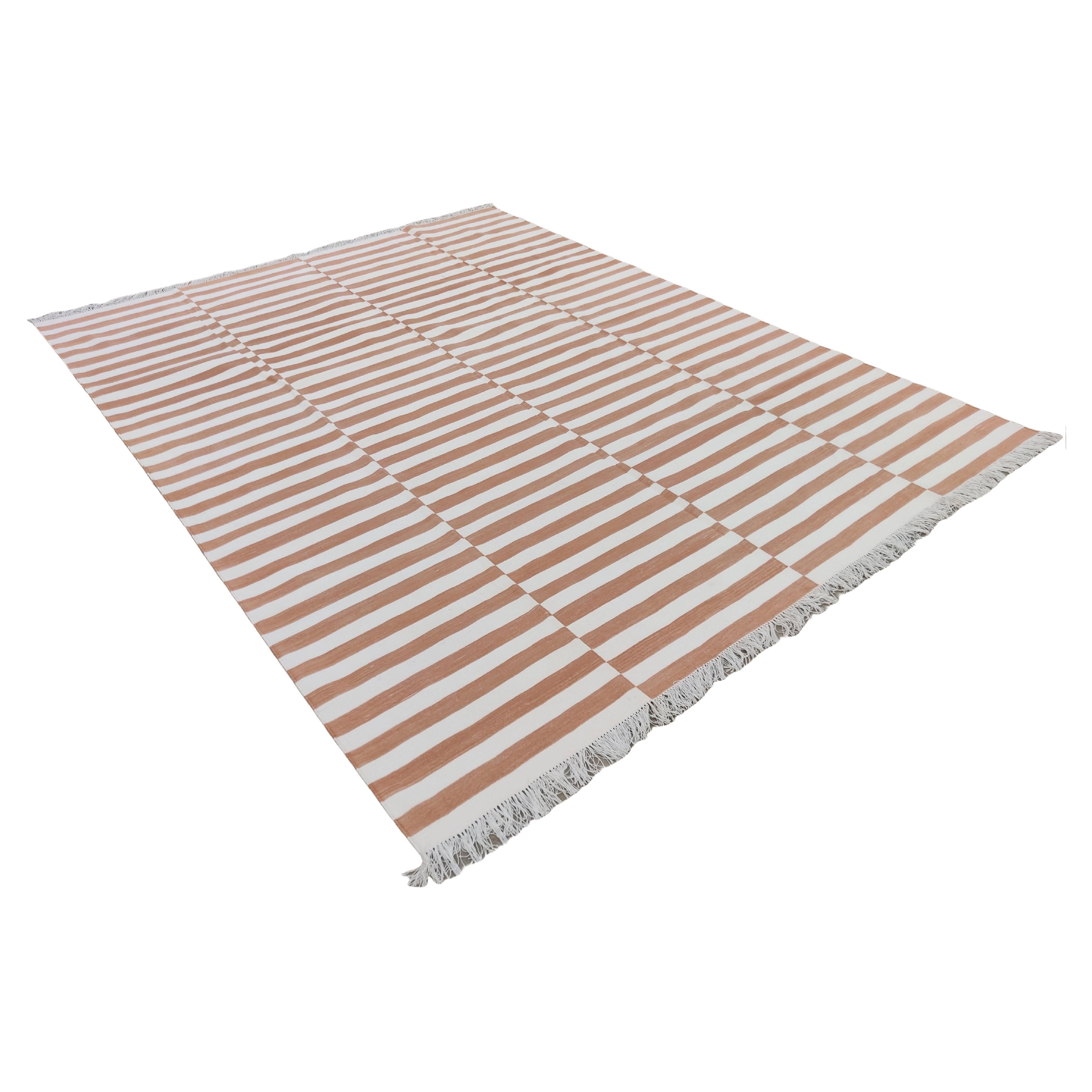 Handmade Cotton Area Flat Weave Rug, Tan & White Up down Striped Indian Dhurrie For Sale