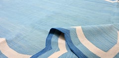 Handmade Cotton Area Flat Weave Rug, Teal Blue And White Scallop Indian Dhurrie