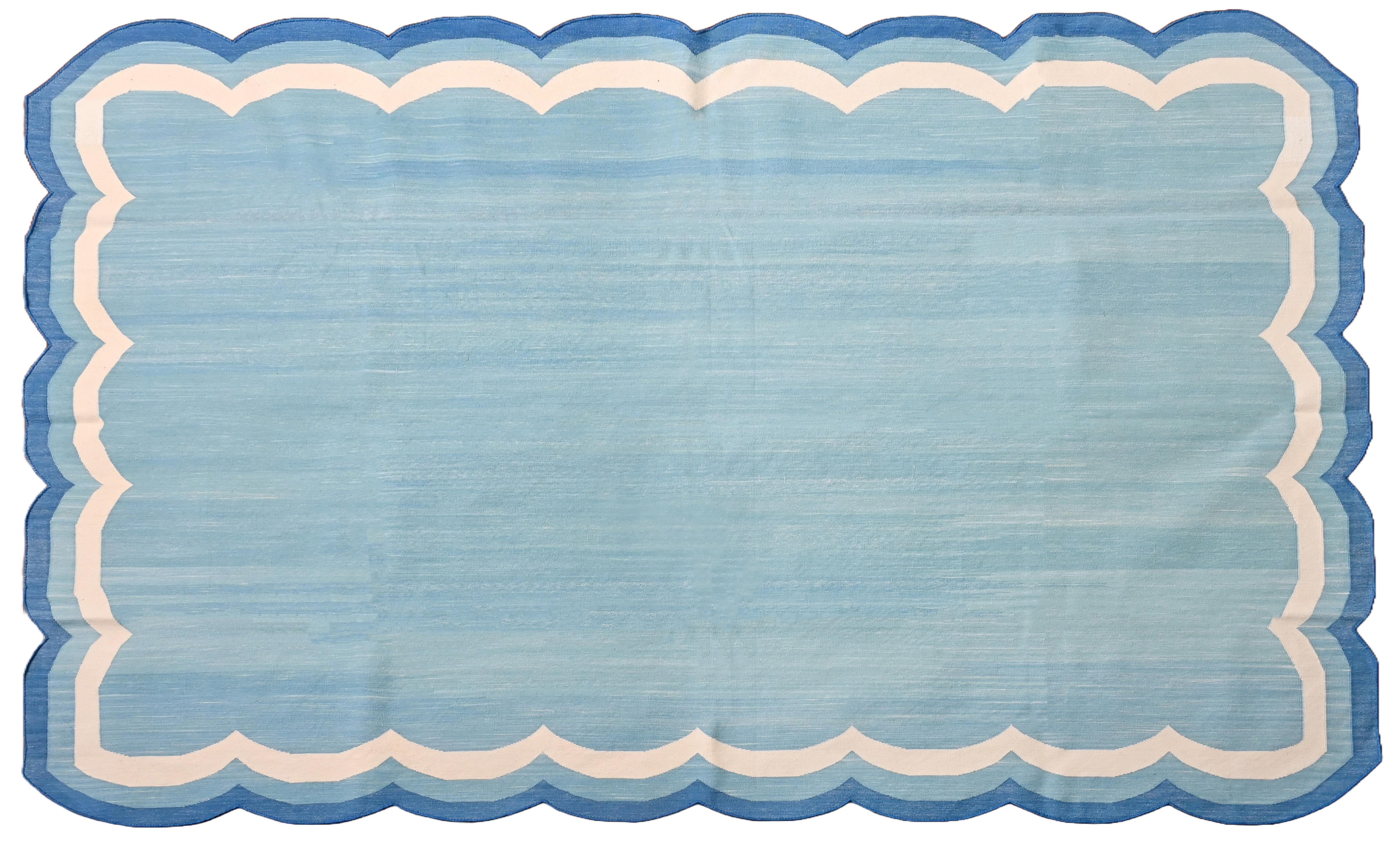 Handmade Cotton Area Flat Weave Rug, Teal Blue And White Scallop Indian Dhurrie For Sale 1