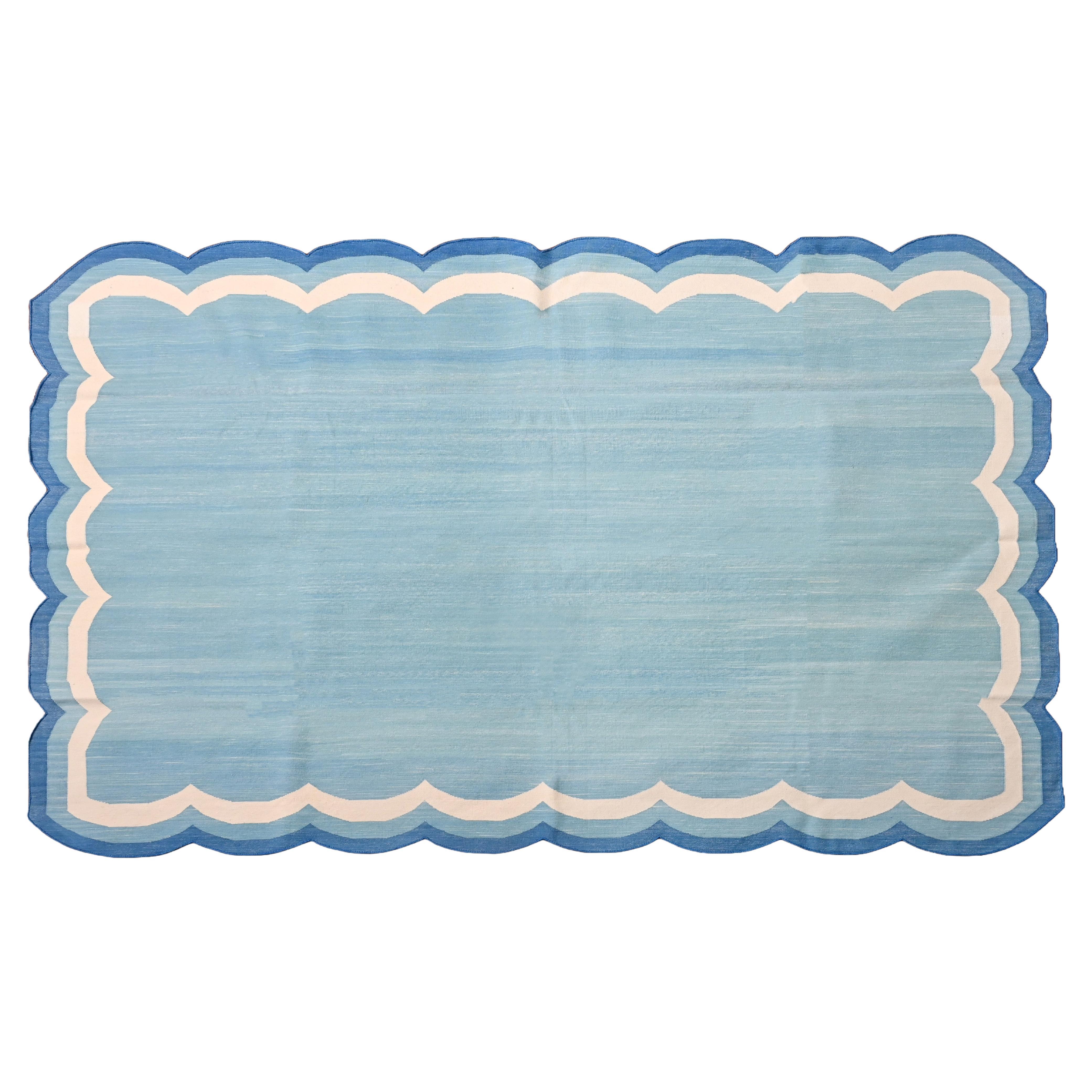 Handmade Cotton Area Flat Weave Rug, Teal Blue And White Scallop Indian Dhurrie
