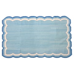 Handmade Cotton Area Flat Weave Rug, Teal Blue And White Scallop Indian Dhurrie