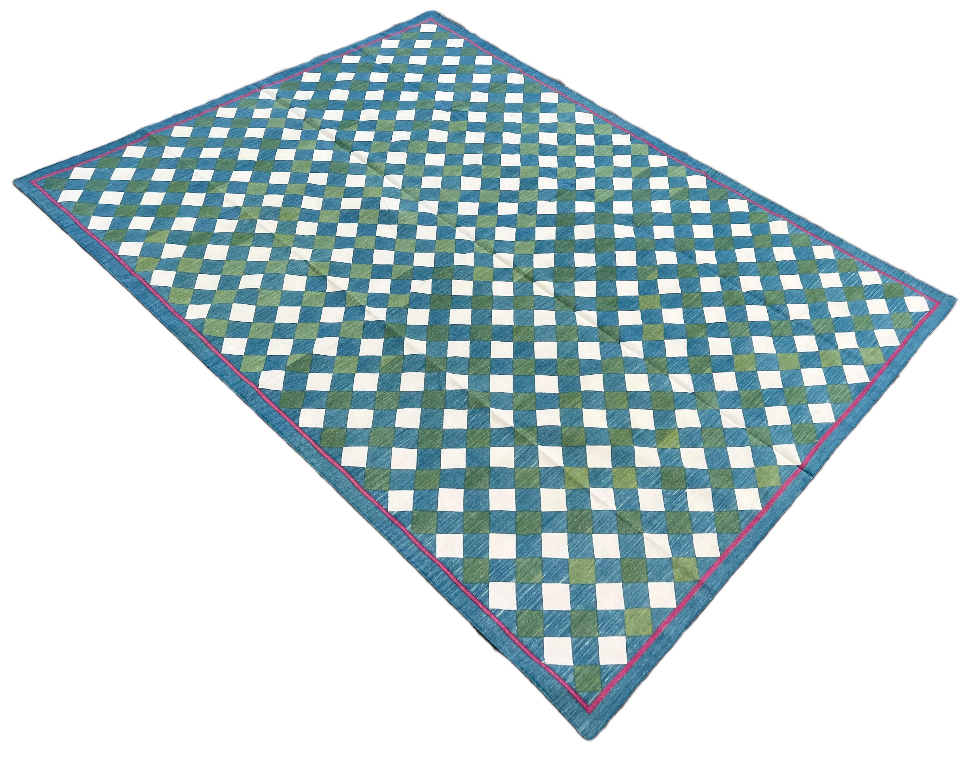 Handmade Cotton Area Flat Weave Rug, Teal Blue, Green Checked Indian Dhurrie Rug For Sale 4