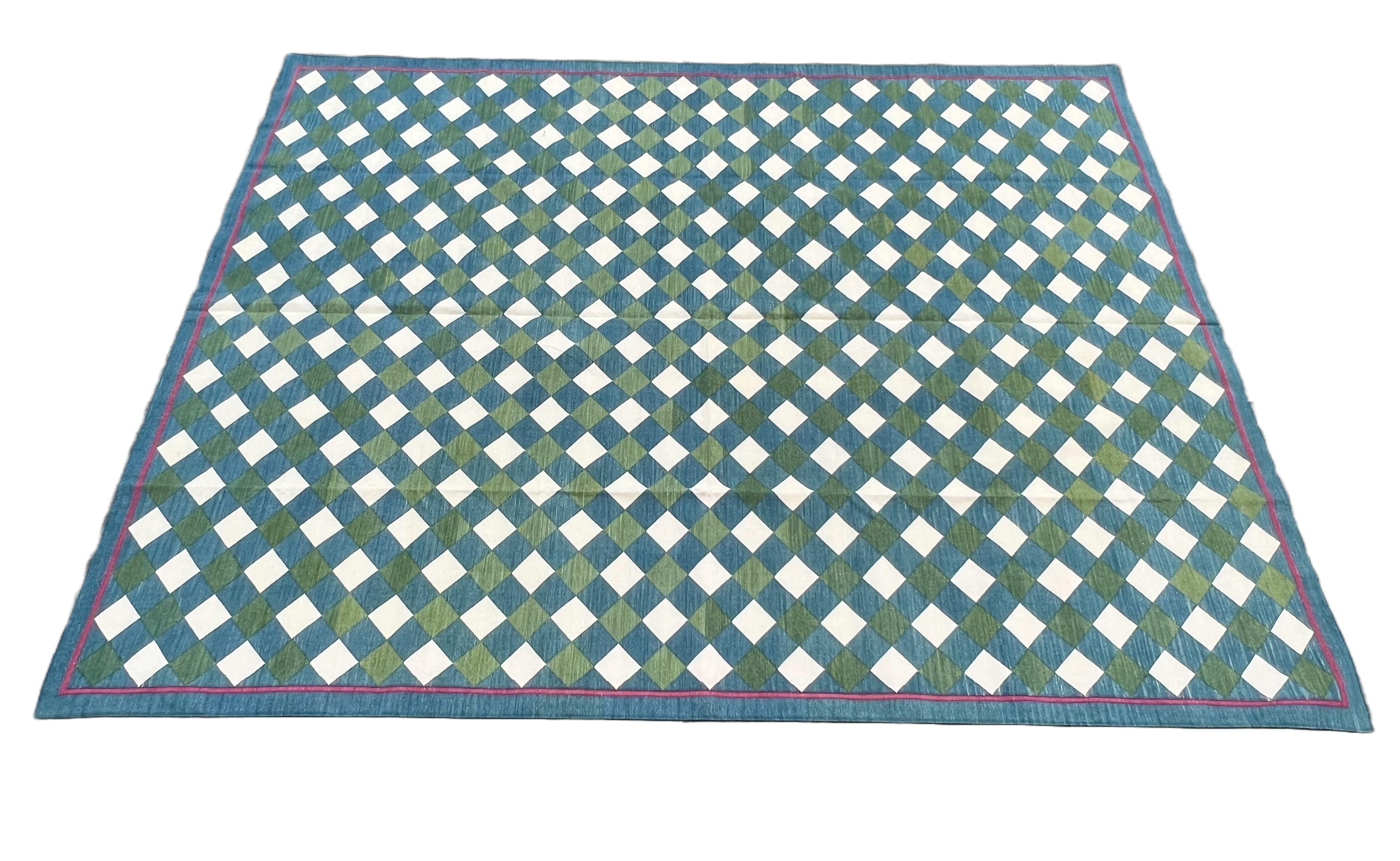 Handmade Cotton Area Flat Weave Rug, Teal Blue, Green Checked Indian Dhurrie Rug For Sale 5