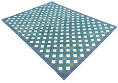 Handmade Cotton Area Flat Weave Rug, Teal Blue, Green Checked Indian Dhurrie Rug