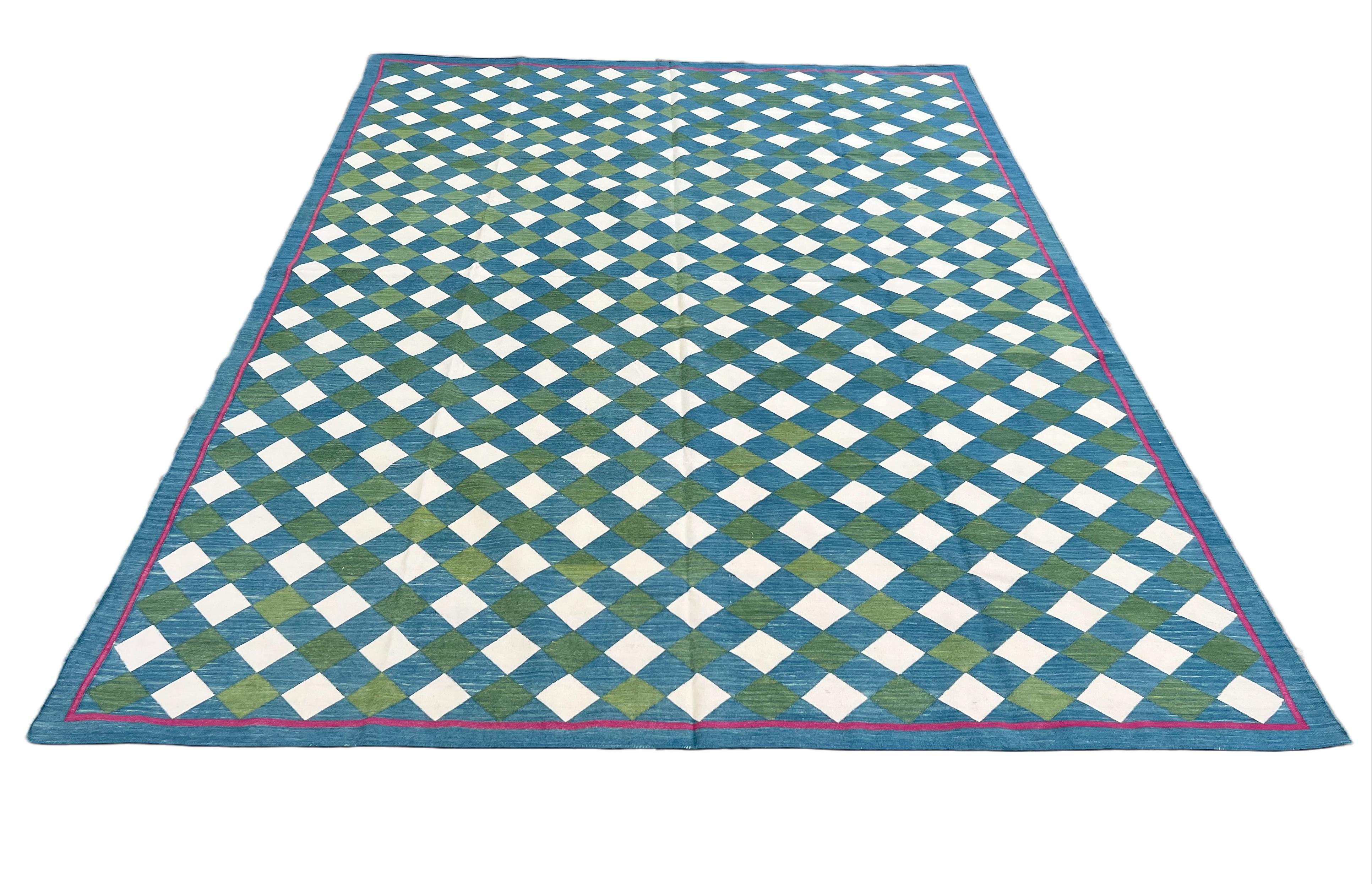 Contemporary Handmade Cotton Area Flat Weave Rug, Teal Blue, Green Checked Indian Dhurrie Rug For Sale