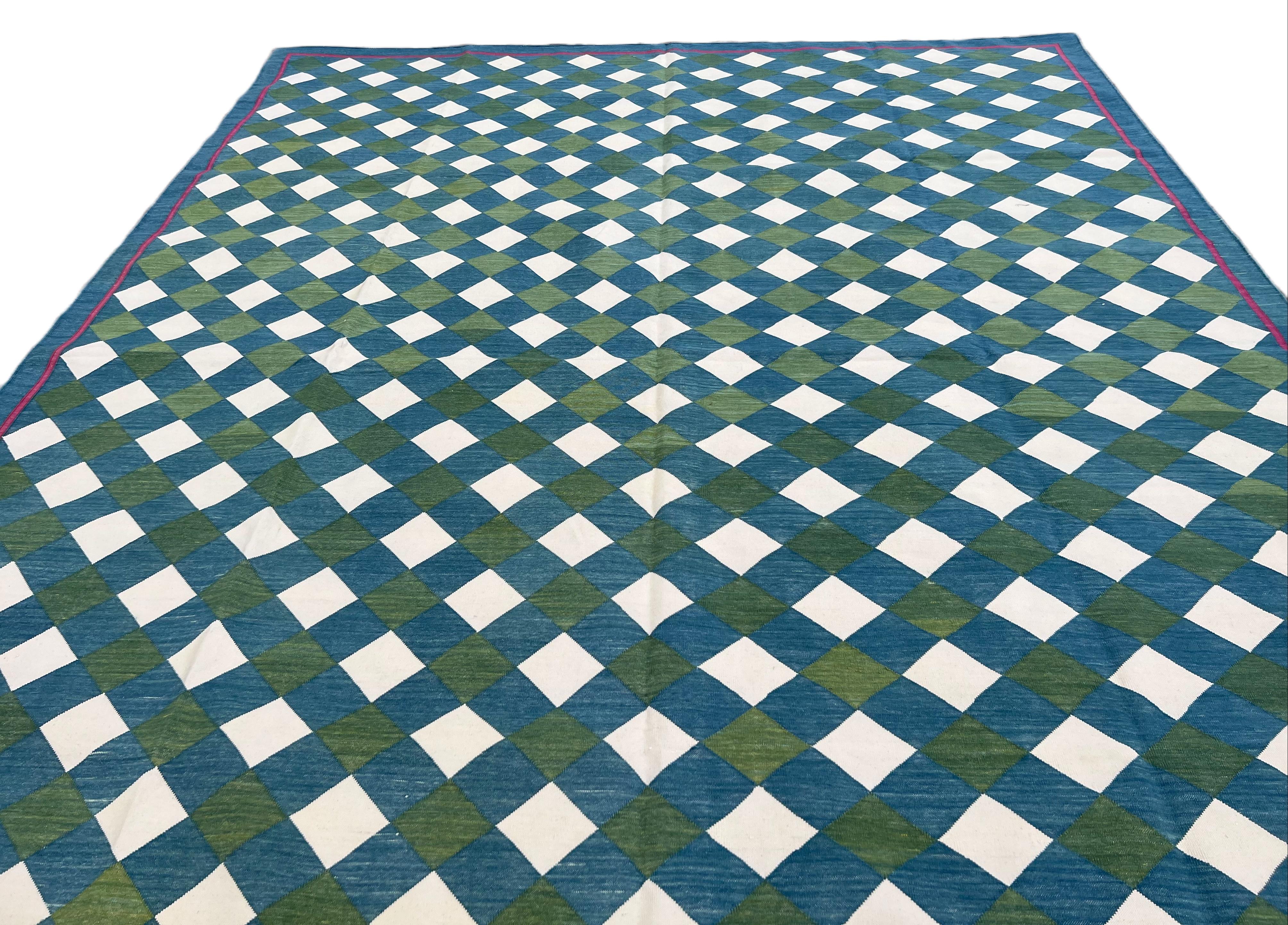 Handmade Cotton Area Flat Weave Rug, Teal Blue, Green Checked Indian Dhurrie Rug For Sale 1