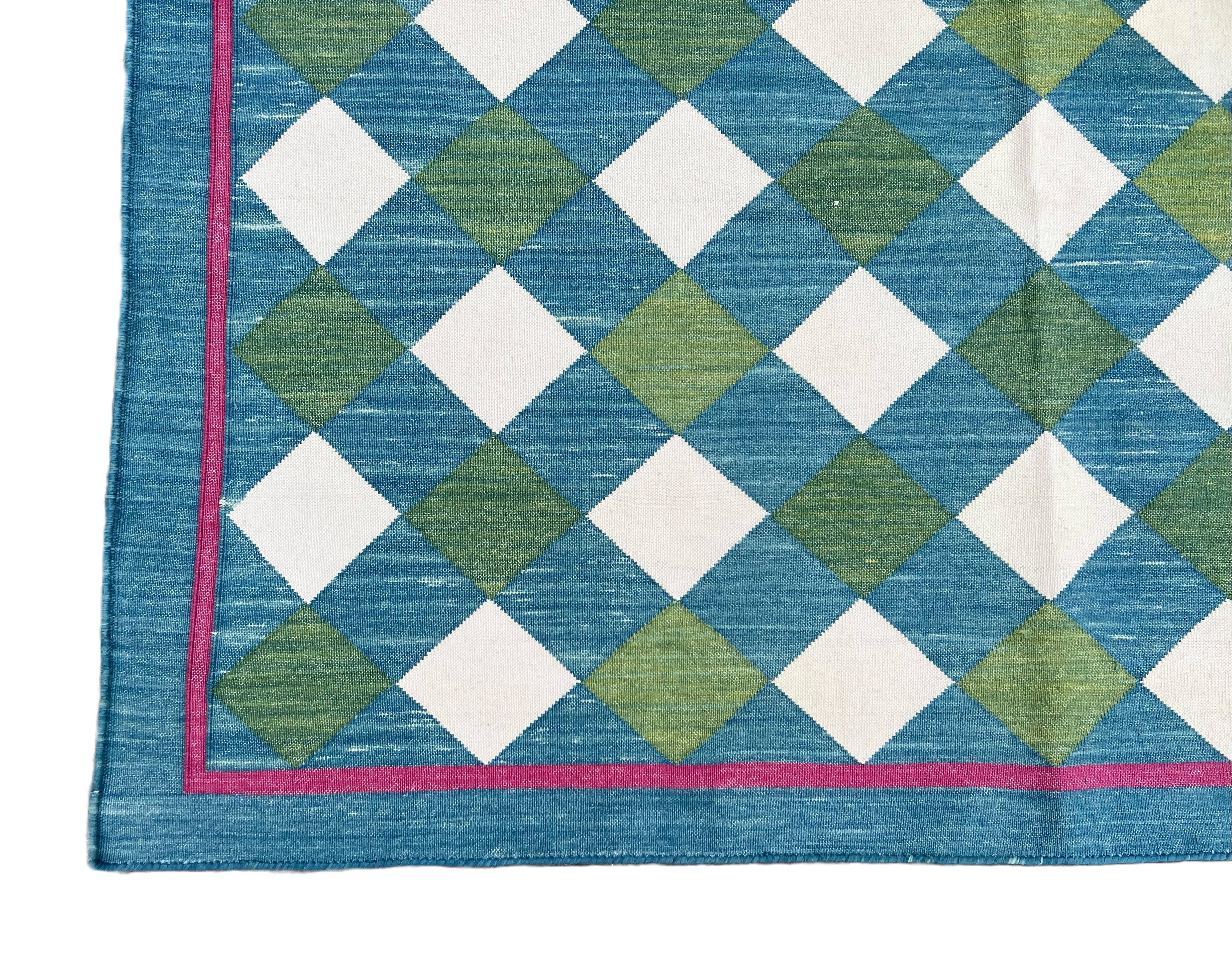 Handmade Cotton Area Flat Weave Rug, Teal Blue, Green Checked Indian Dhurrie Rug For Sale 2