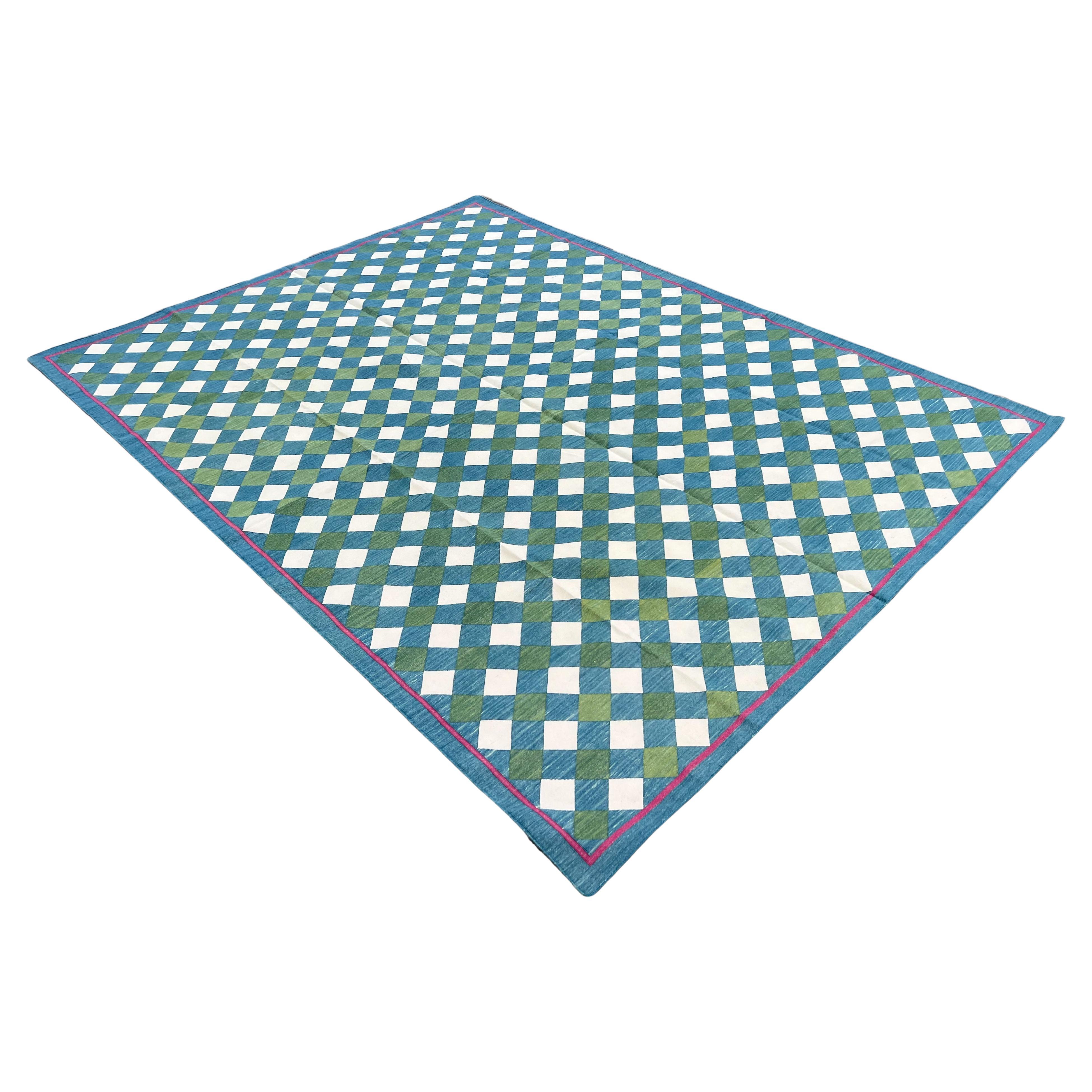 Handgefertigter Flachgewebe-Teppich aus Baumwolle, Teal Blau, Grün karierter indischer Dhurrie-Teppich im Angebot