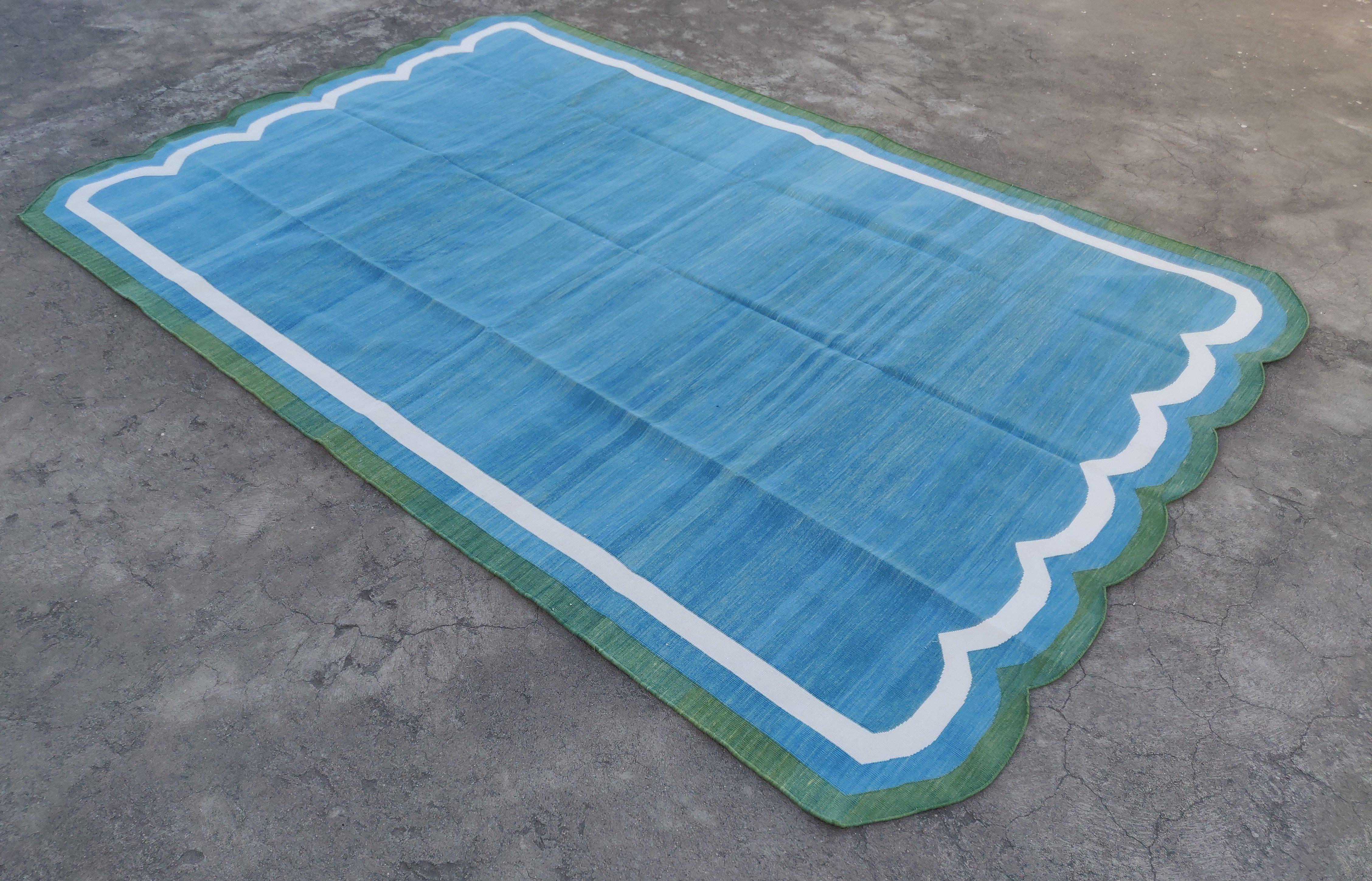 Handmade Cotton Area Flat Weave Rug, Teal Blue & Green Scalloped Indian Dhurrie For Sale 5