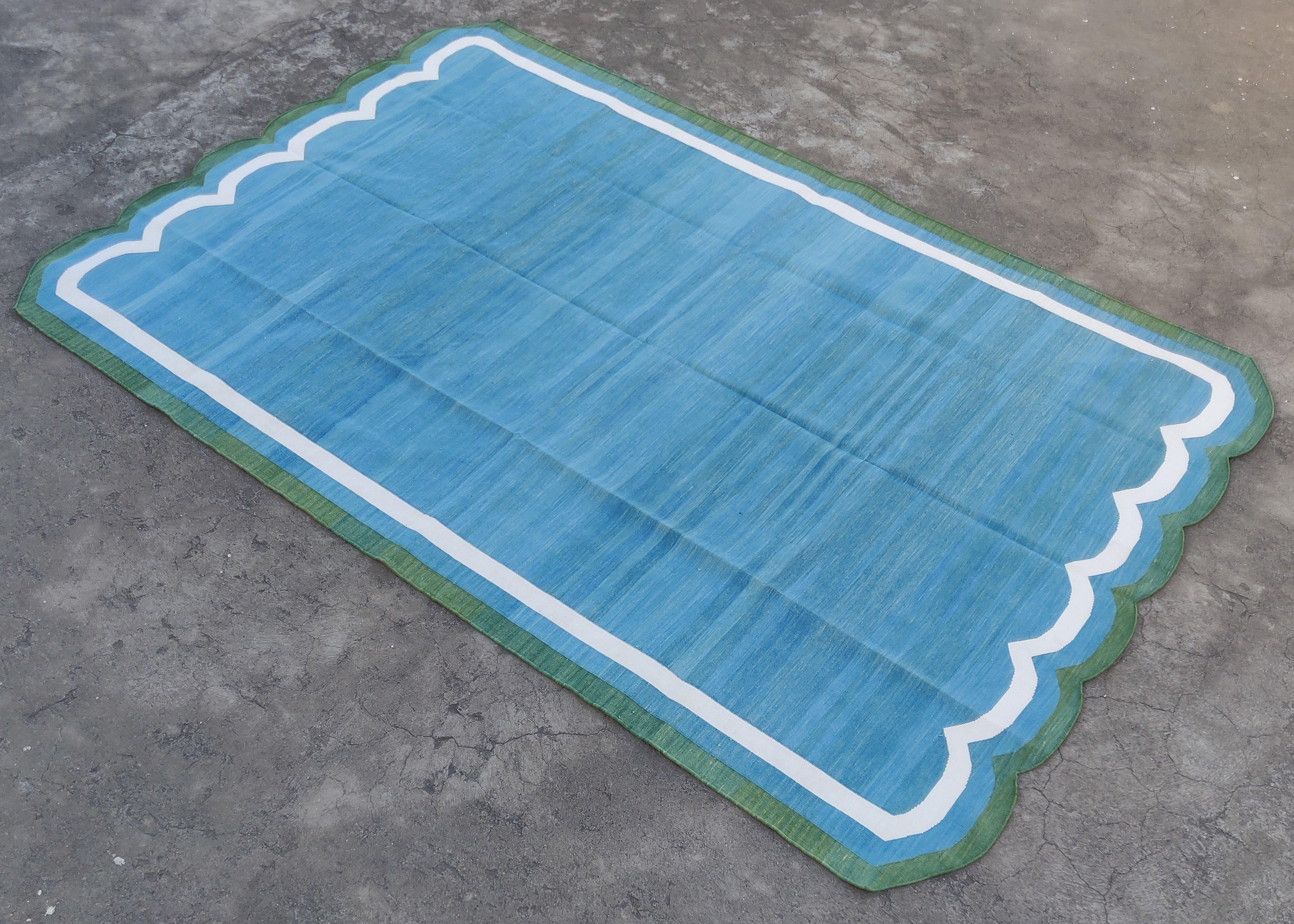 Handmade Cotton Area Flat Weave Rug, Teal Blue & Green Scalloped Indian Dhurrie For Sale 7