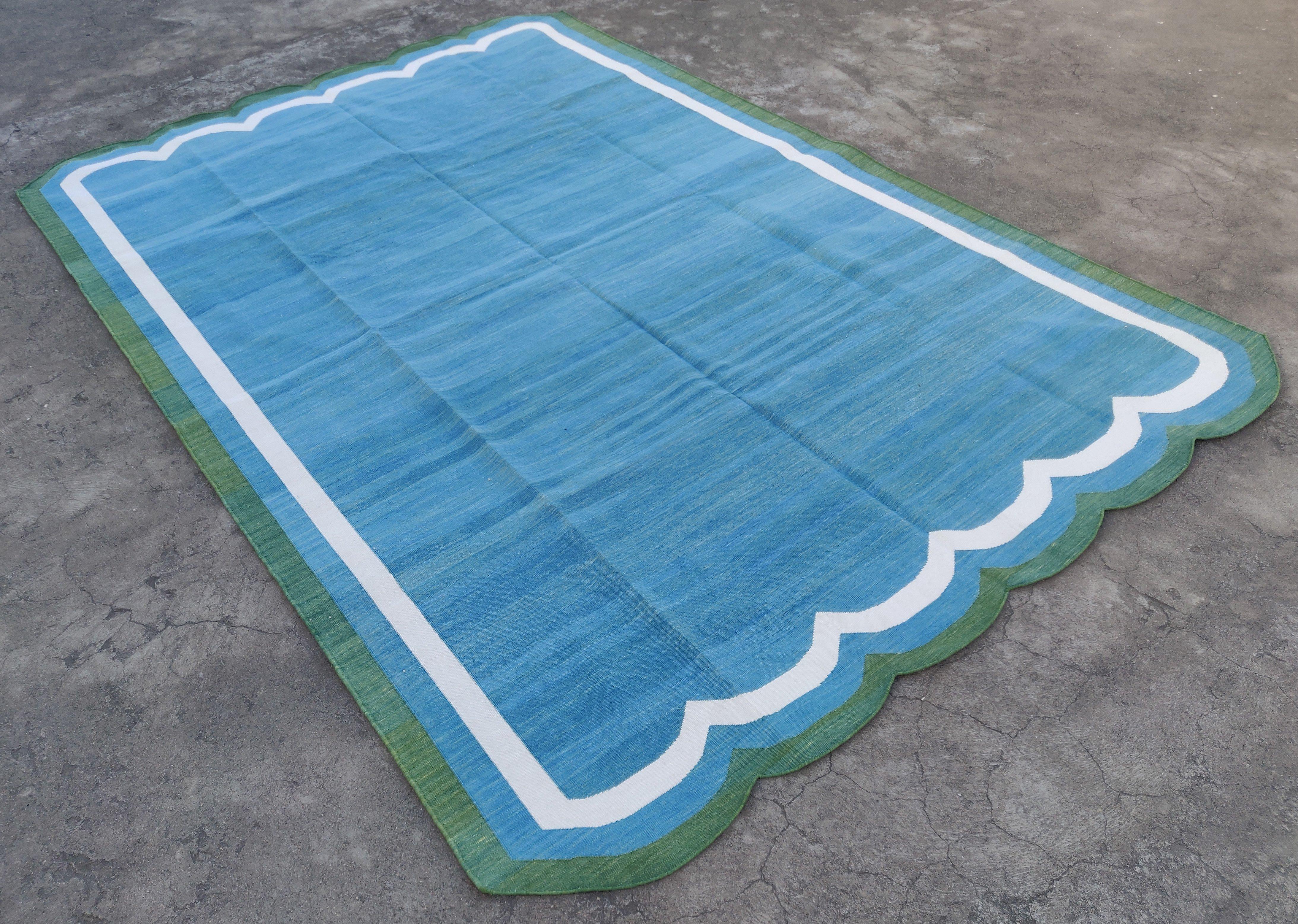 Mid-Century Modern Handmade Cotton Area Flat Weave Rug, Teal Blue & Green Scalloped Indian Dhurrie For Sale