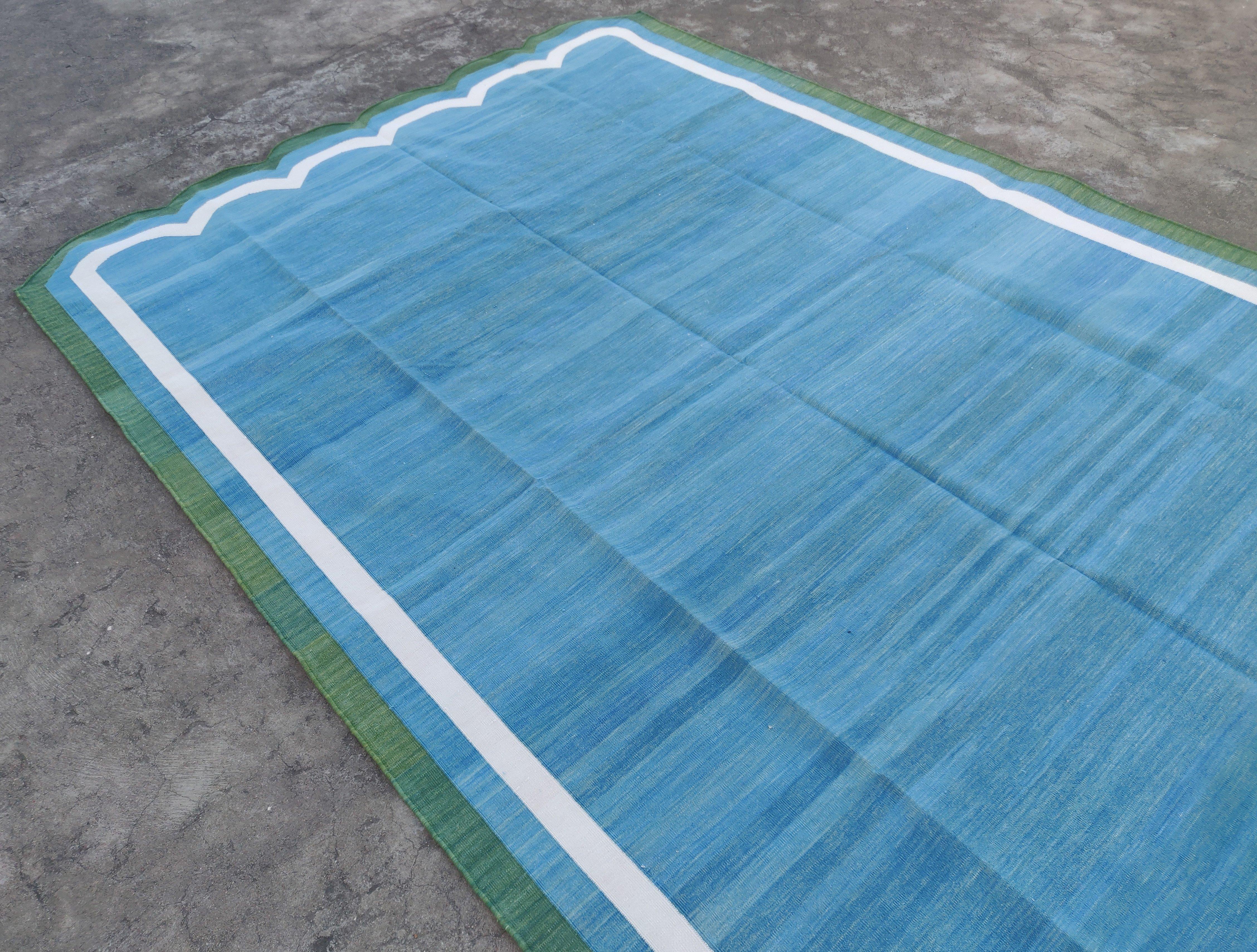Contemporary Handmade Cotton Area Flat Weave Rug, Teal Blue & Green Scalloped Indian Dhurrie For Sale