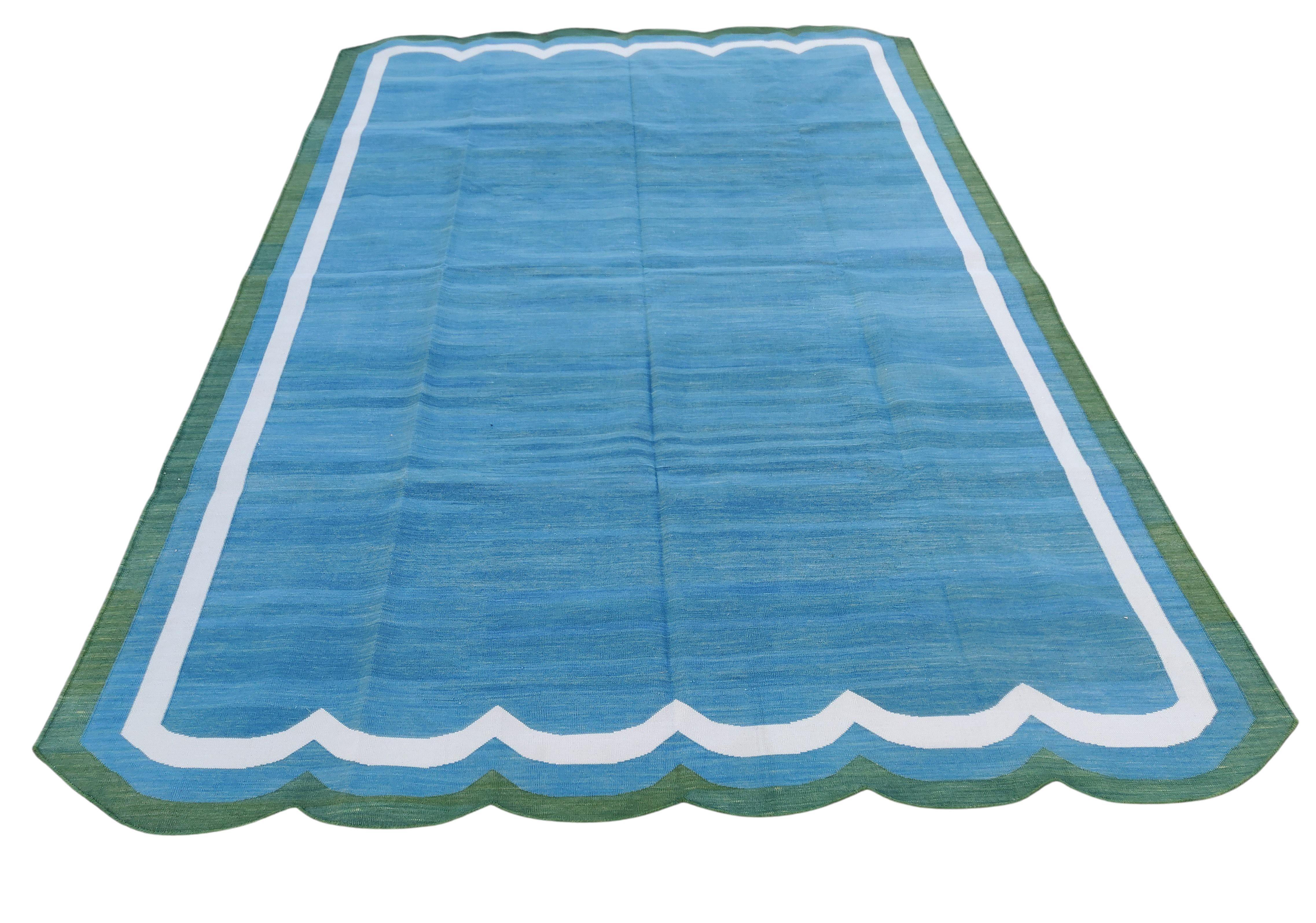 Handmade Cotton Area Flat Weave Rug, Teal Blue & Green Scalloped Indian Dhurrie For Sale 1