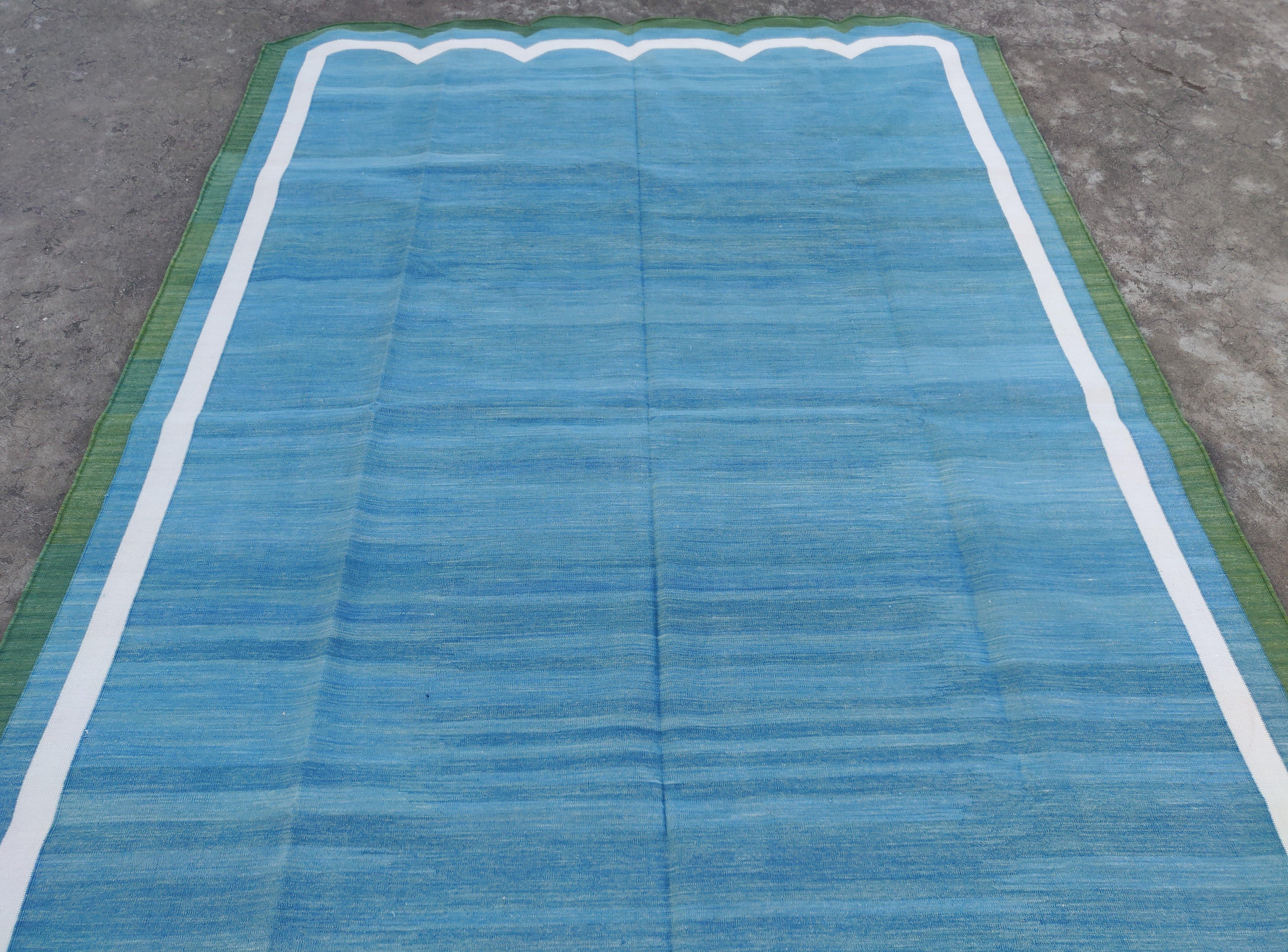 Handmade Cotton Area Flat Weave Rug, Teal Blue & Green Scalloped Indian Dhurrie For Sale 2