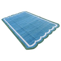 Tapis en coton tissé à plat, bleu sarcelle et vert festonné Indian Dhurrie