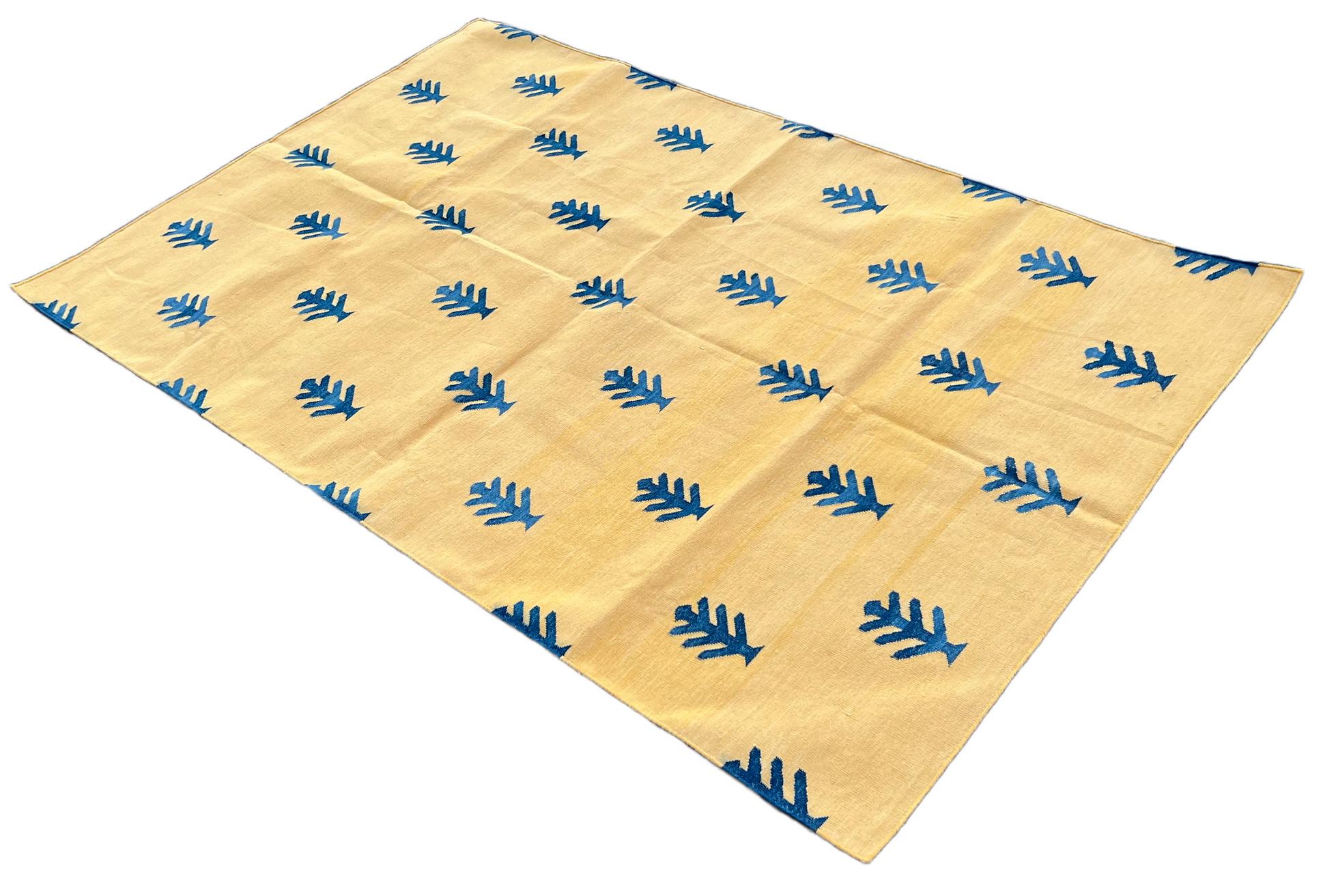 Handmade Cotton Area Flat Weave Rug, Yellow & Blue Tree Patterned Indian Dhurrie For Sale 4