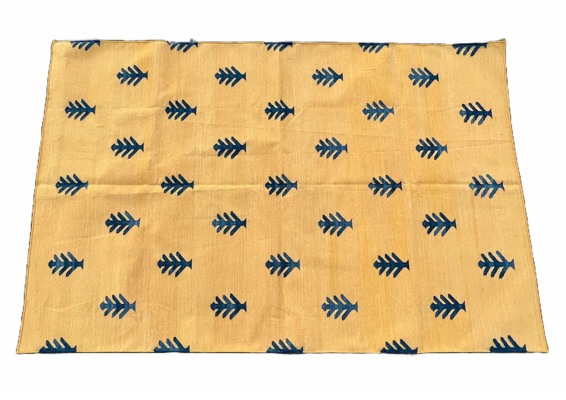 Handmade Cotton Area Flat Weave Rug, Yellow & Blue Tree Patterned Indian Dhurrie For Sale 5