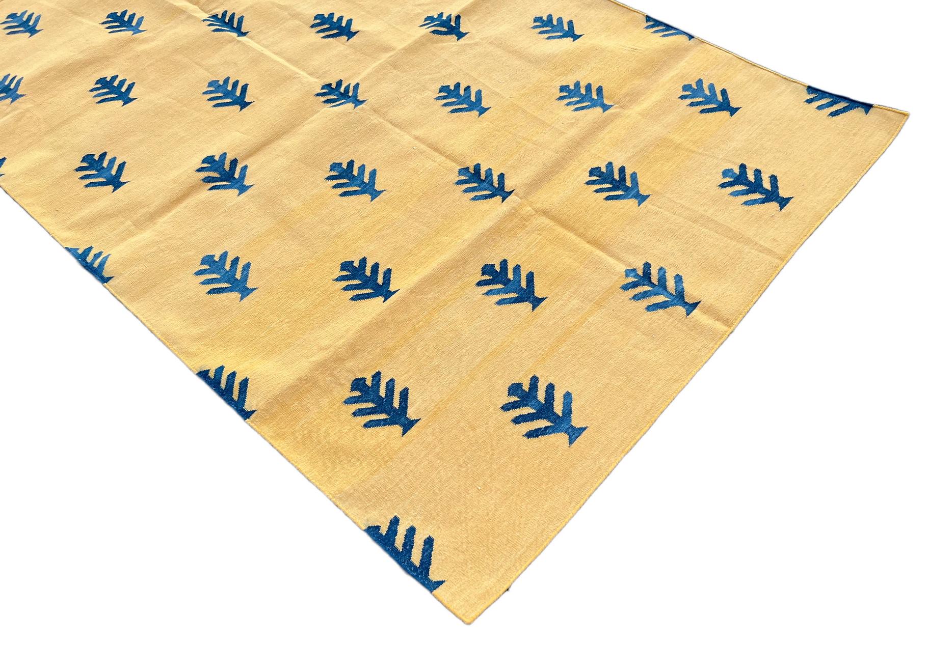 Hand-Woven Handmade Cotton Area Flat Weave Rug, Yellow & Blue Tree Patterned Indian Dhurrie For Sale