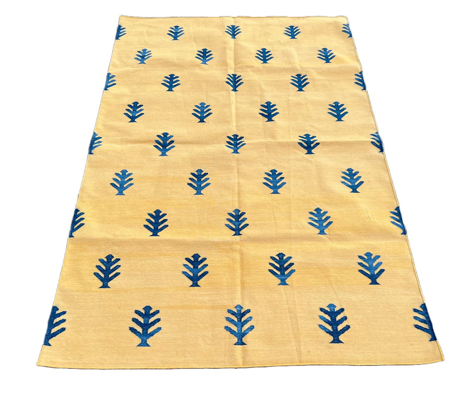 Contemporary Handmade Cotton Area Flat Weave Rug, Yellow & Blue Tree Patterned Indian Dhurrie For Sale