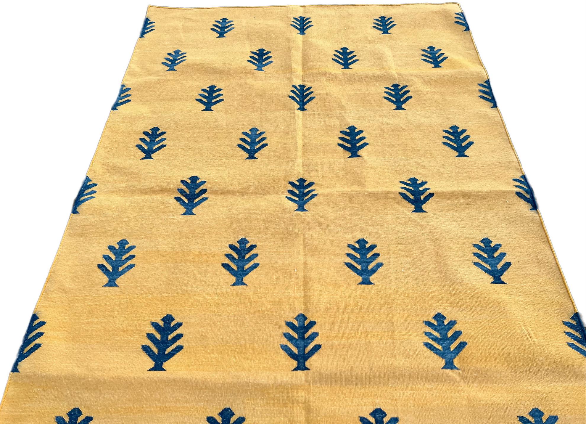 Handmade Cotton Area Flat Weave Rug, Yellow & Blue Tree Patterned Indian Dhurrie For Sale 1
