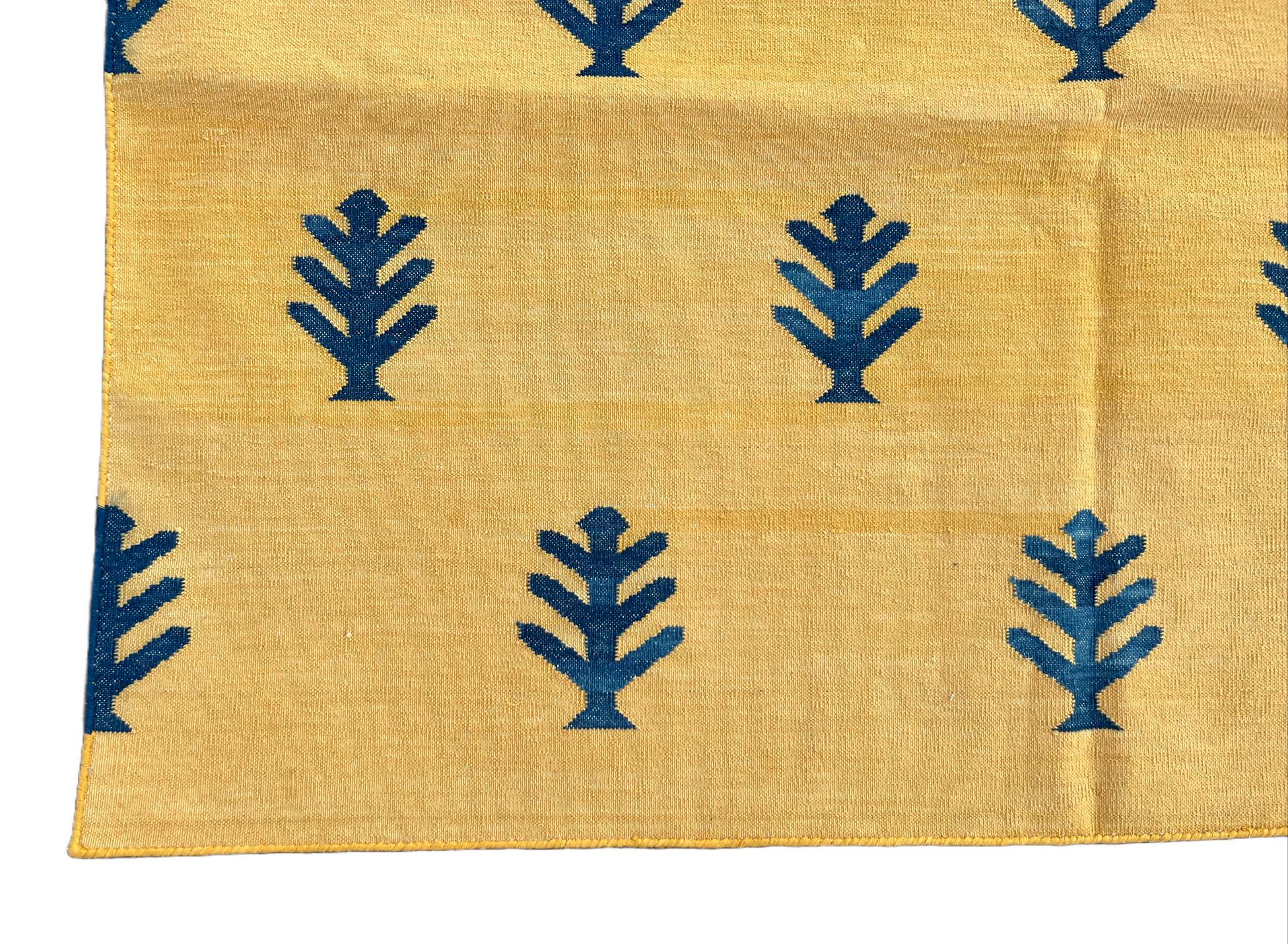 Handmade Cotton Area Flat Weave Rug, Yellow & Blue Tree Patterned Indian Dhurrie For Sale 2