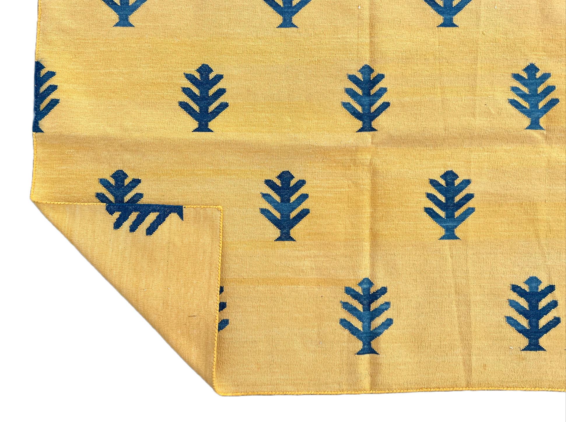 Handmade Cotton Area Flat Weave Rug, Yellow & Blue Tree Patterned Indian Dhurrie For Sale 3