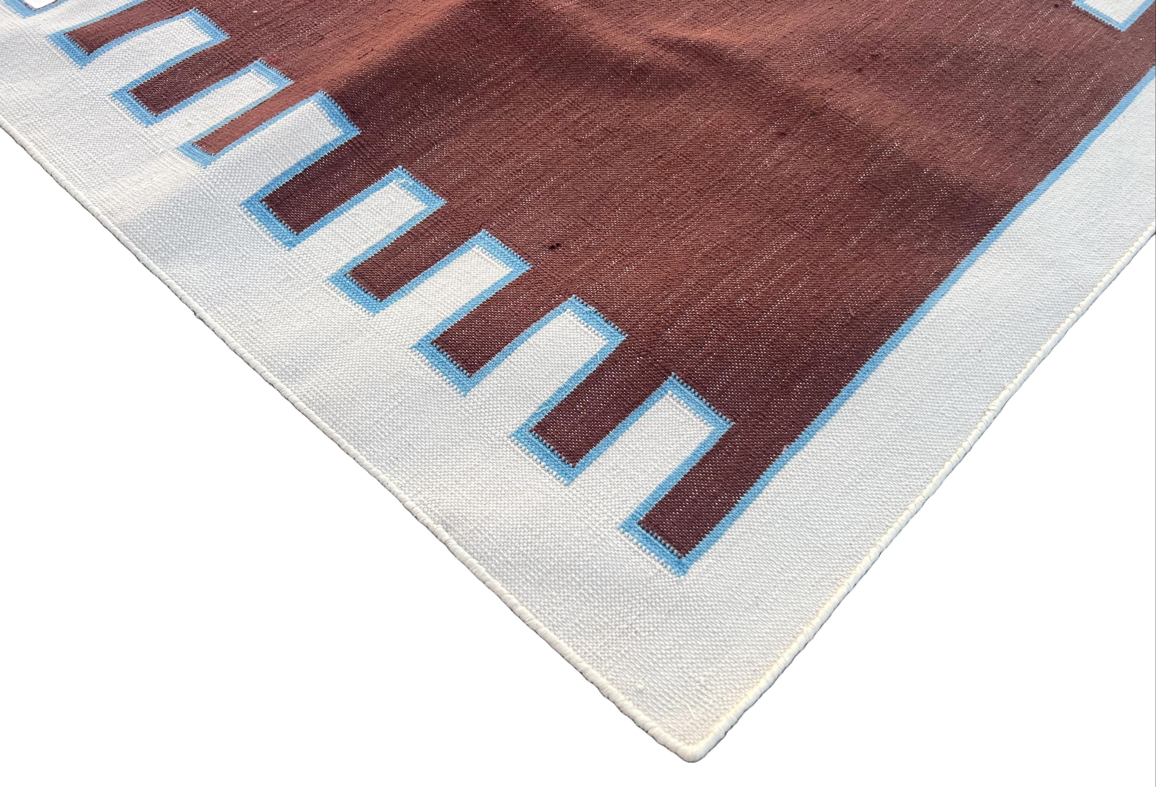 Cotton Natural Vegetable Dyed, Wine Red, Sky Blue And Cream Striped Indian Dhurrie Runner-2.5'x6'
These special flat-weave dhurries are hand-woven with 15 ply 100% cotton yarn. Due to the special manufacturing techniques used to create our rugs, the