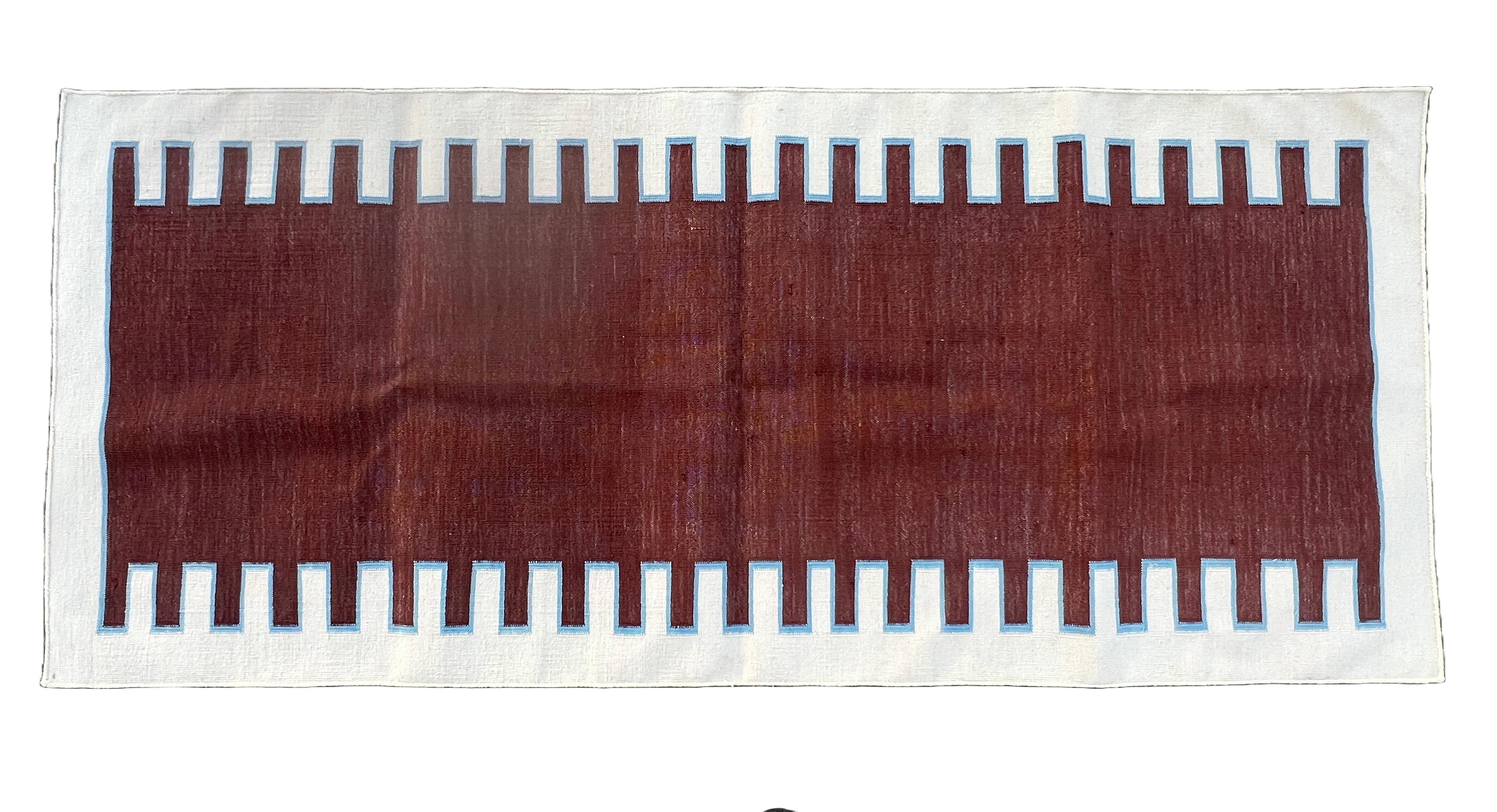 Mid-Century Modern Handmade Cotton Area Flat Weave Runner, 2.5x6 Red, Cream Striped Indian Dhurrie