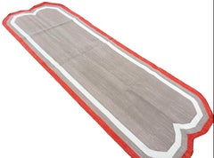Handmade Cotton Area Flat Weave Runner, 2.5x7 Beige, Red Scallop Indian Dhurrie