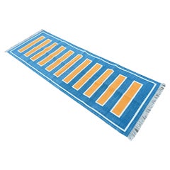 Handmade Cotton Area Flat Weave Runner, 2.5x7 Blue And Yellow Stripe Dhurrie Rug