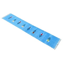 Handgefertigter Flachgewebe-Läufer aus Baumwolle, 2x10 Himmelblauer Blattmuster Dhurrie-Teppich