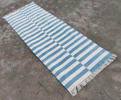 Handmade Cotton Area Flat Weave Runner, 2.5x7 Blue, White Striped Indian Dhurrie