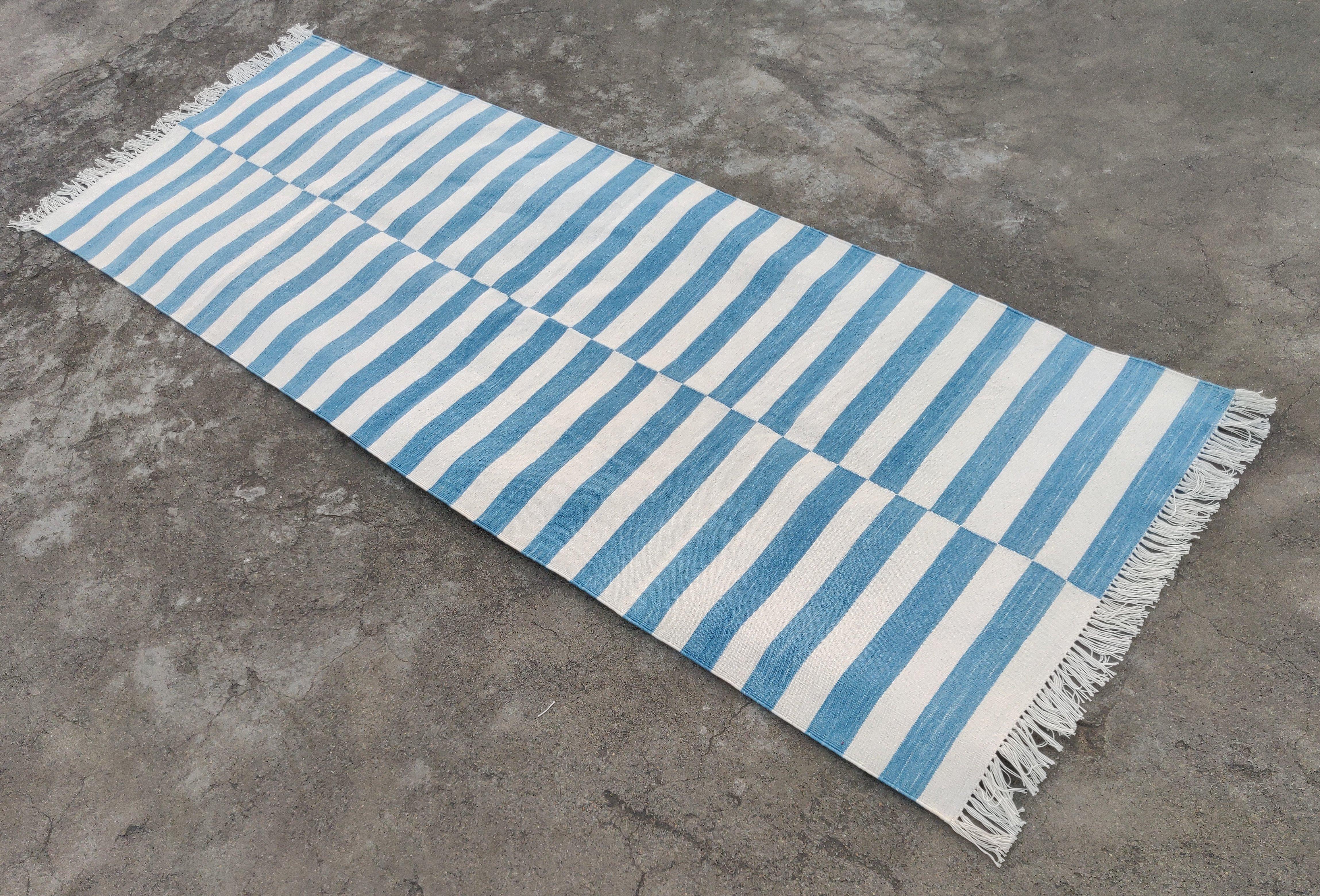 Mid-Century Modern Handmade Cotton Area Flat Weave Runner, 2.5x7 Blue, White Striped Indian Dhurrie For Sale