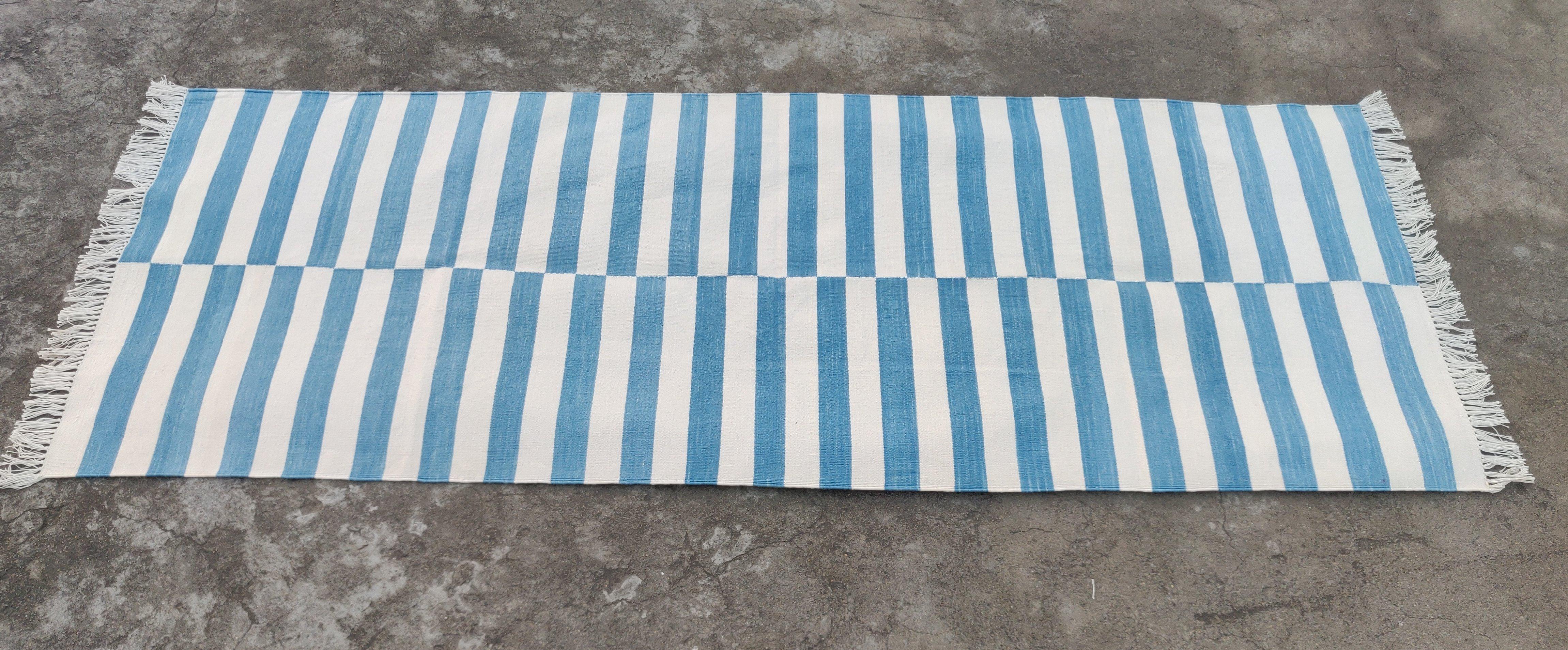 Handmade Cotton Area Flat Weave Runner, 2.5x7 Blue, White Striped Indian Dhurrie For Sale 1