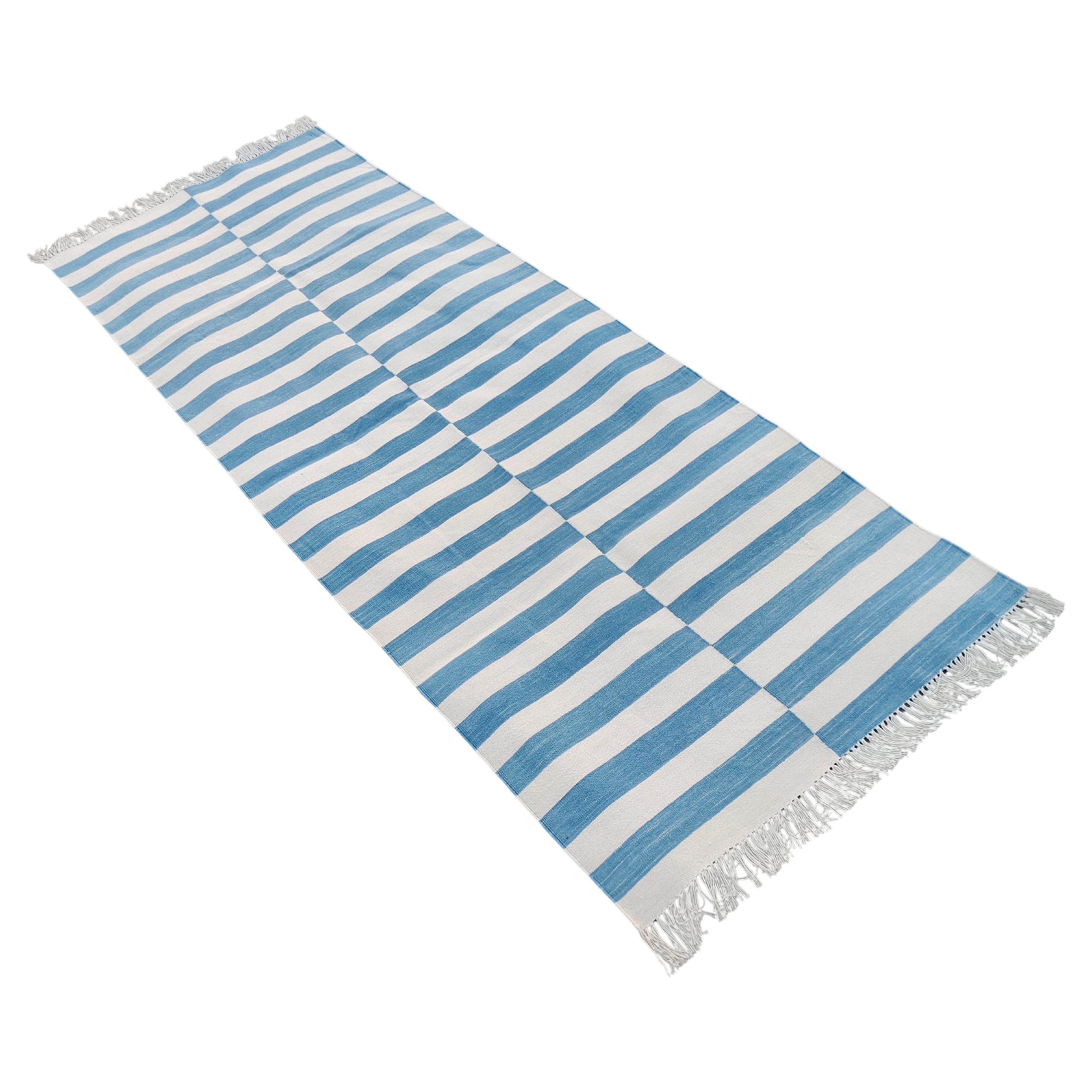 Handmade Cotton Area Flat Weave Runner, 2.5x7 Blue, White Striped Indian Dhurrie For Sale