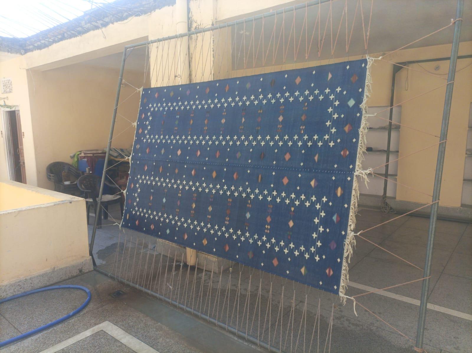 Runner a trama piatta in cotone fatto a mano, 2,5x8 Blue Shooting Star Indian Dhurrie in vendita 3