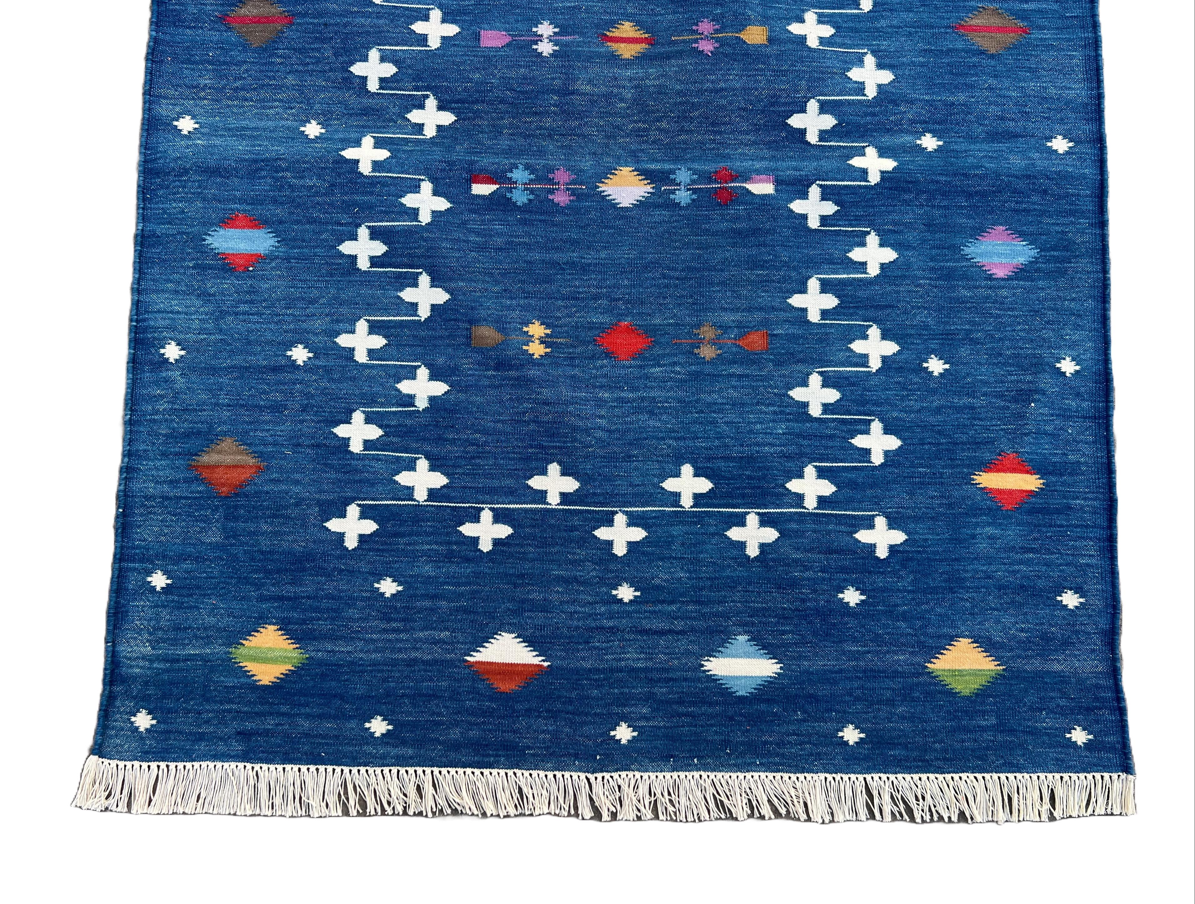 Cotone Runner a trama piatta in cotone fatto a mano, 2,5x8 Blue Shooting Star Indian Dhurrie in vendita