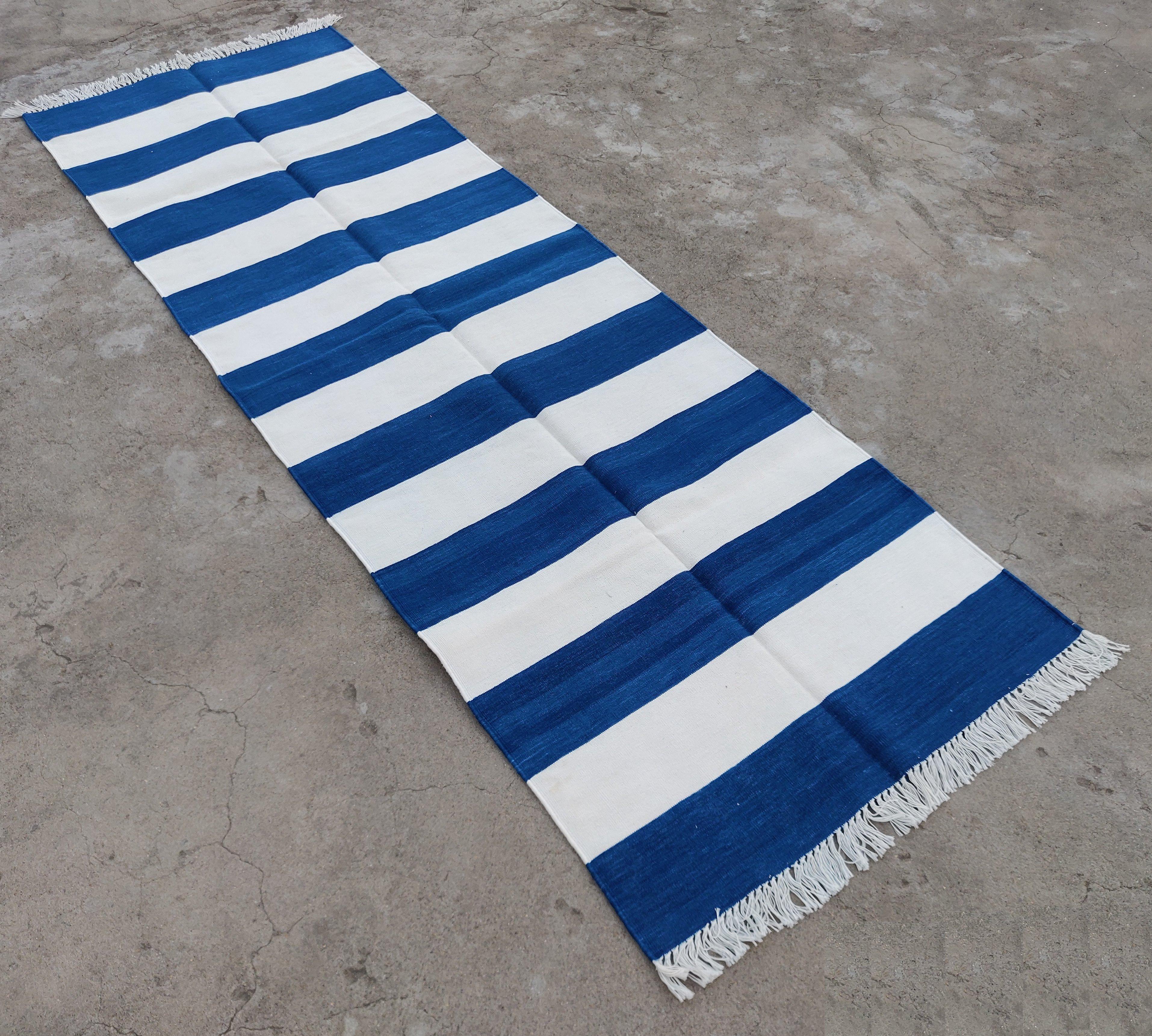 Cotton Natural Vegetable Dyed, Blue And White Striped Indian Dhurrie Runner-2.5x8 (75x240cm)
These special flat-weave dhurries are hand-woven with 15 ply 100% cotton yarn. Due to the special manufacturing techniques used to create our rugs, the size