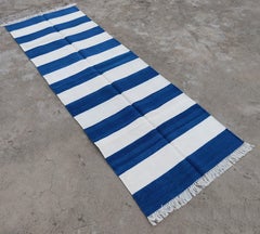 Handmade Cotton Area Flat Weave Runner, 2.5x8 Blue, White Striped Indian Dhurrie