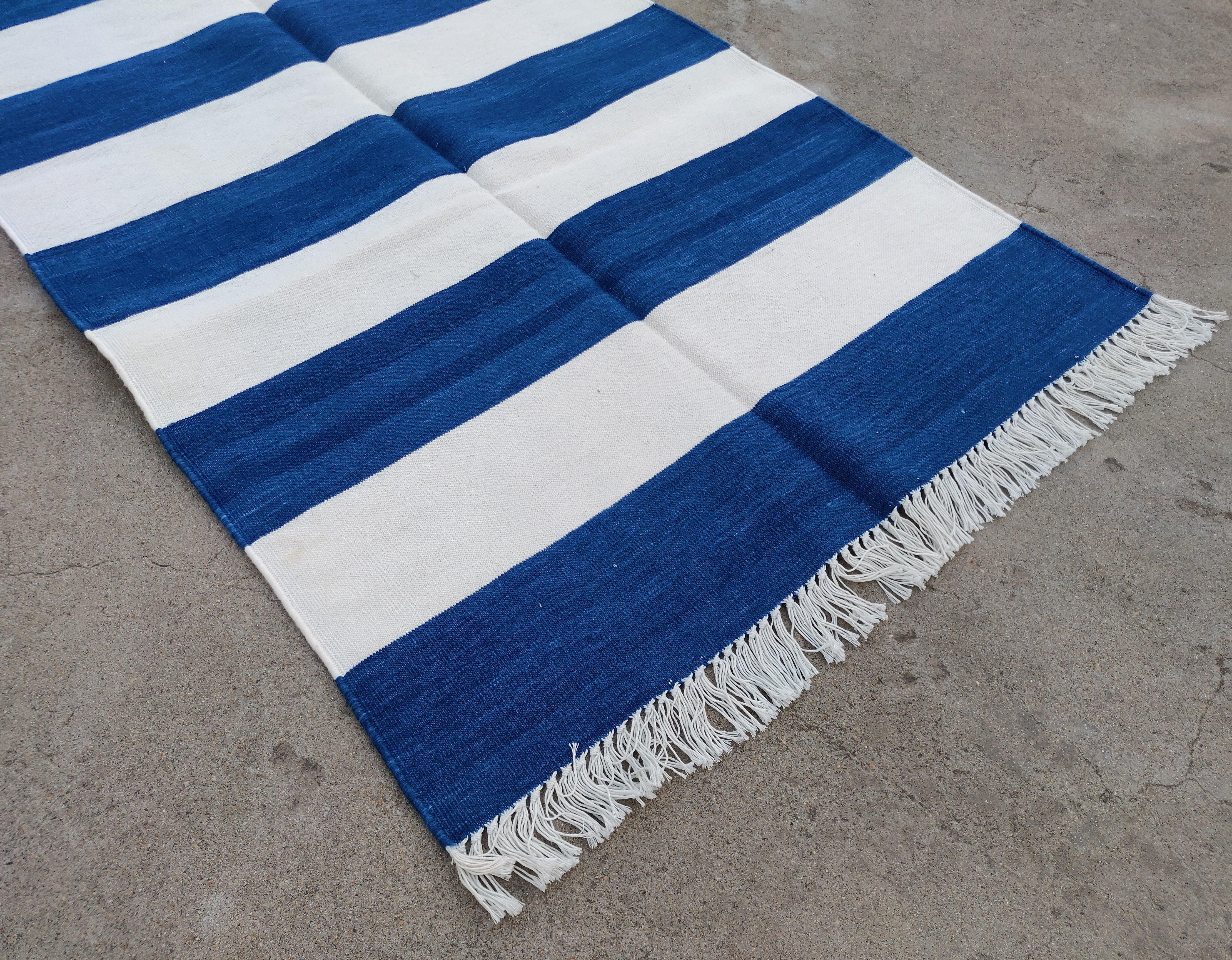 Mid-Century Modern Handmade Cotton Area Flat Weave Runner, 2.5x8 Blue, White Striped Indian Dhurrie For Sale