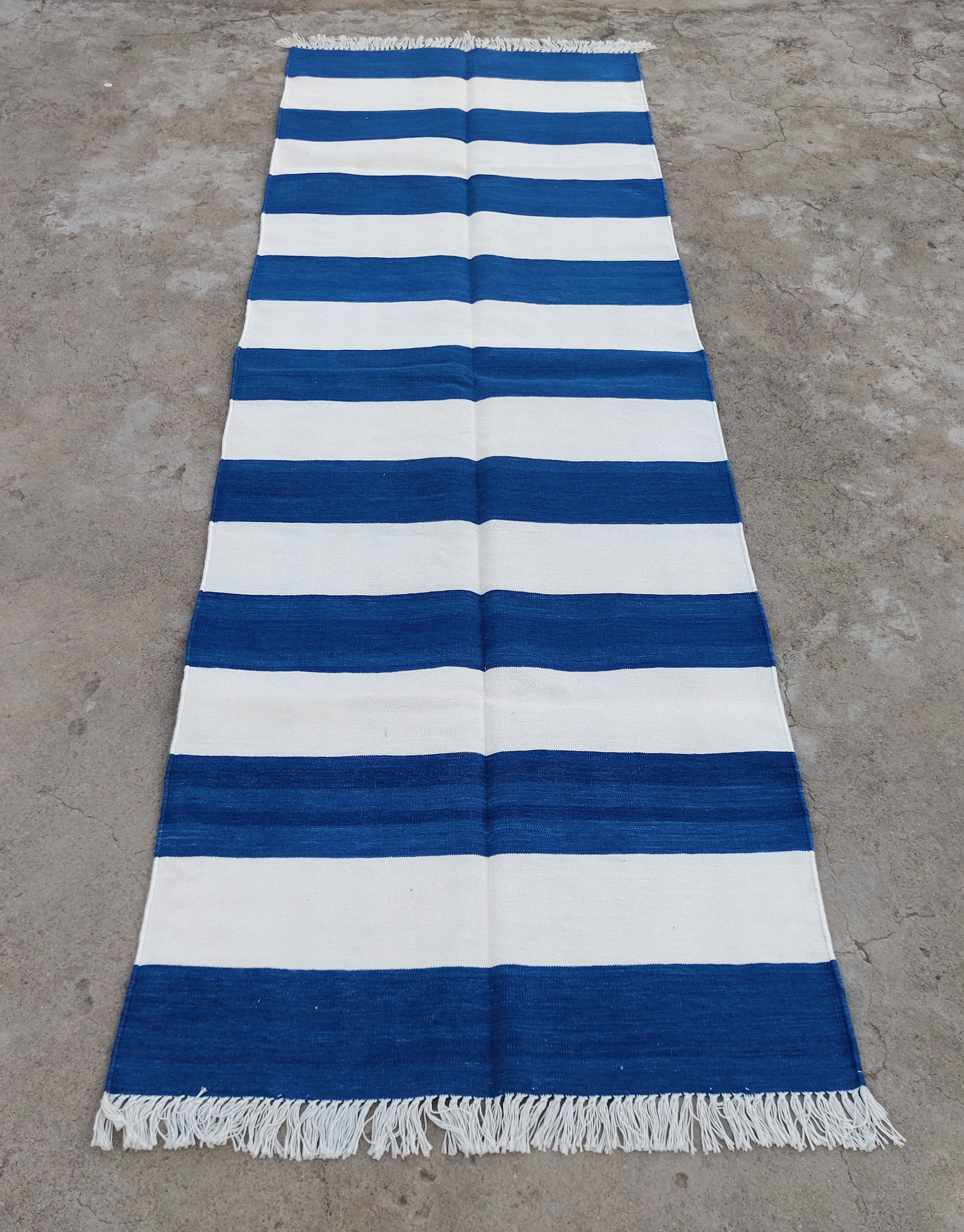 Hand-Woven Handmade Cotton Area Flat Weave Runner, 2.5x8 Blue, White Striped Indian Dhurrie For Sale
