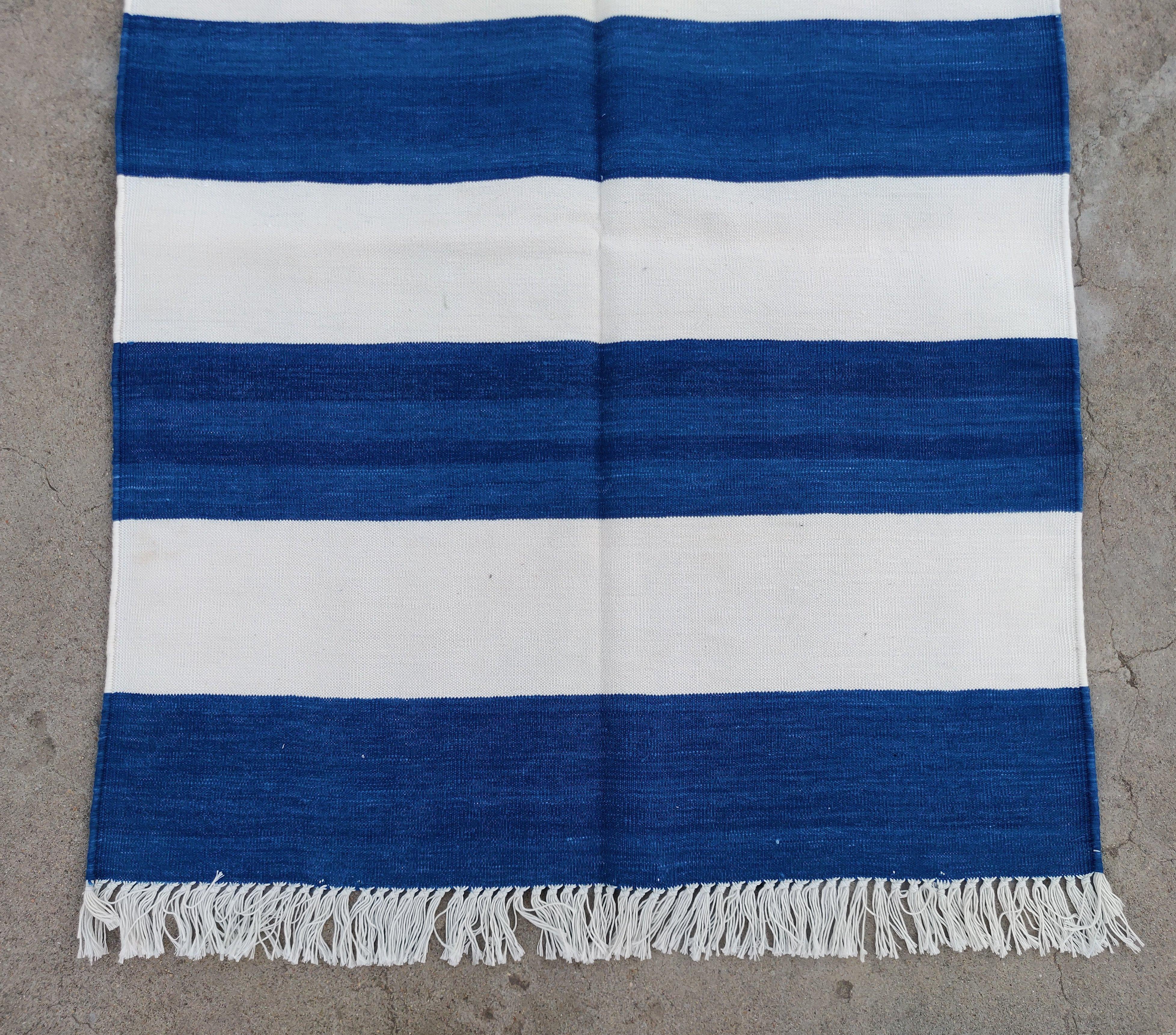 Contemporary Handmade Cotton Area Flat Weave Runner, 2.5x8 Blue, White Striped Indian Dhurrie For Sale