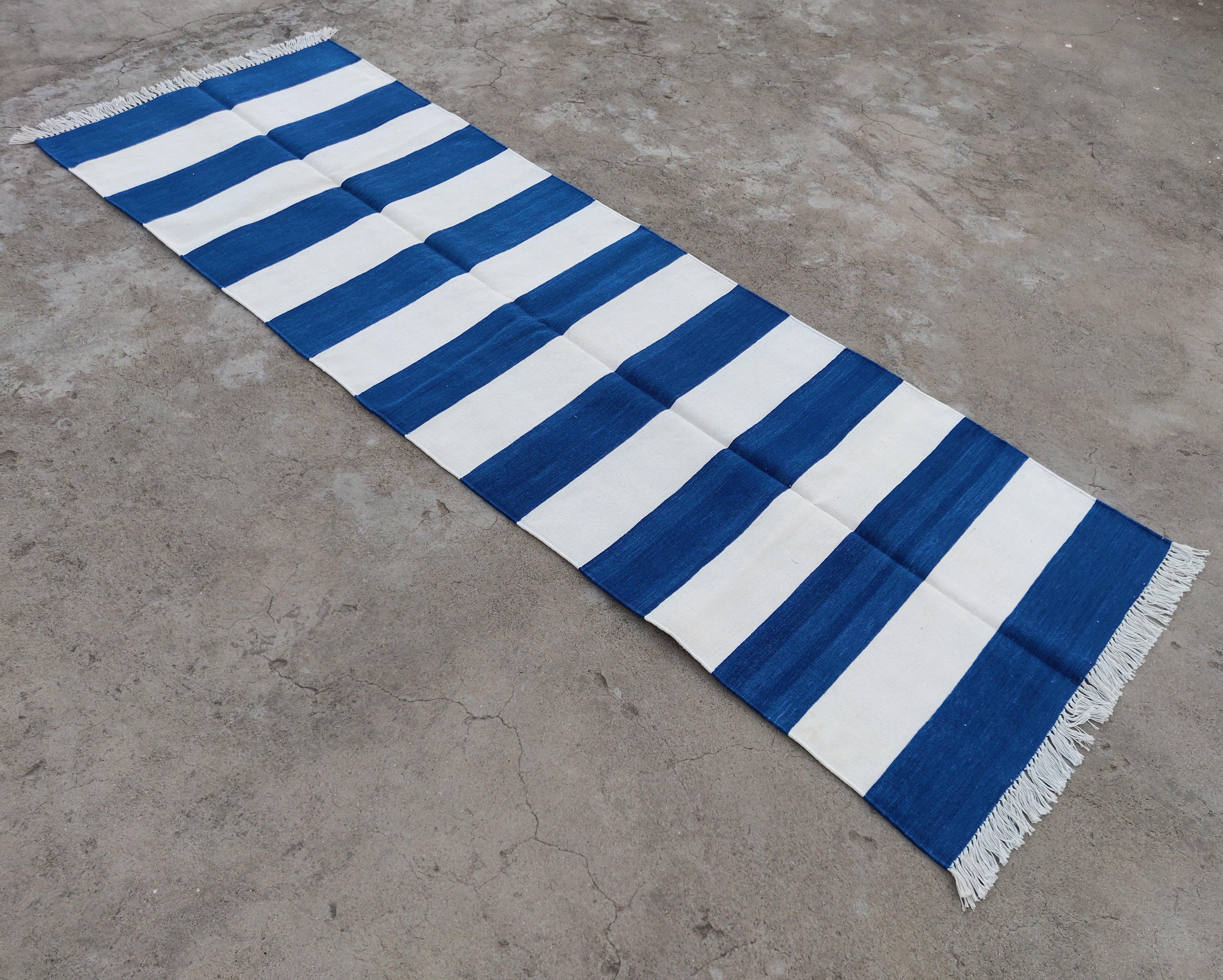 Handmade Cotton Area Flat Weave Runner, 2.5x8 Blue, White Striped Indian Dhurrie For Sale 2