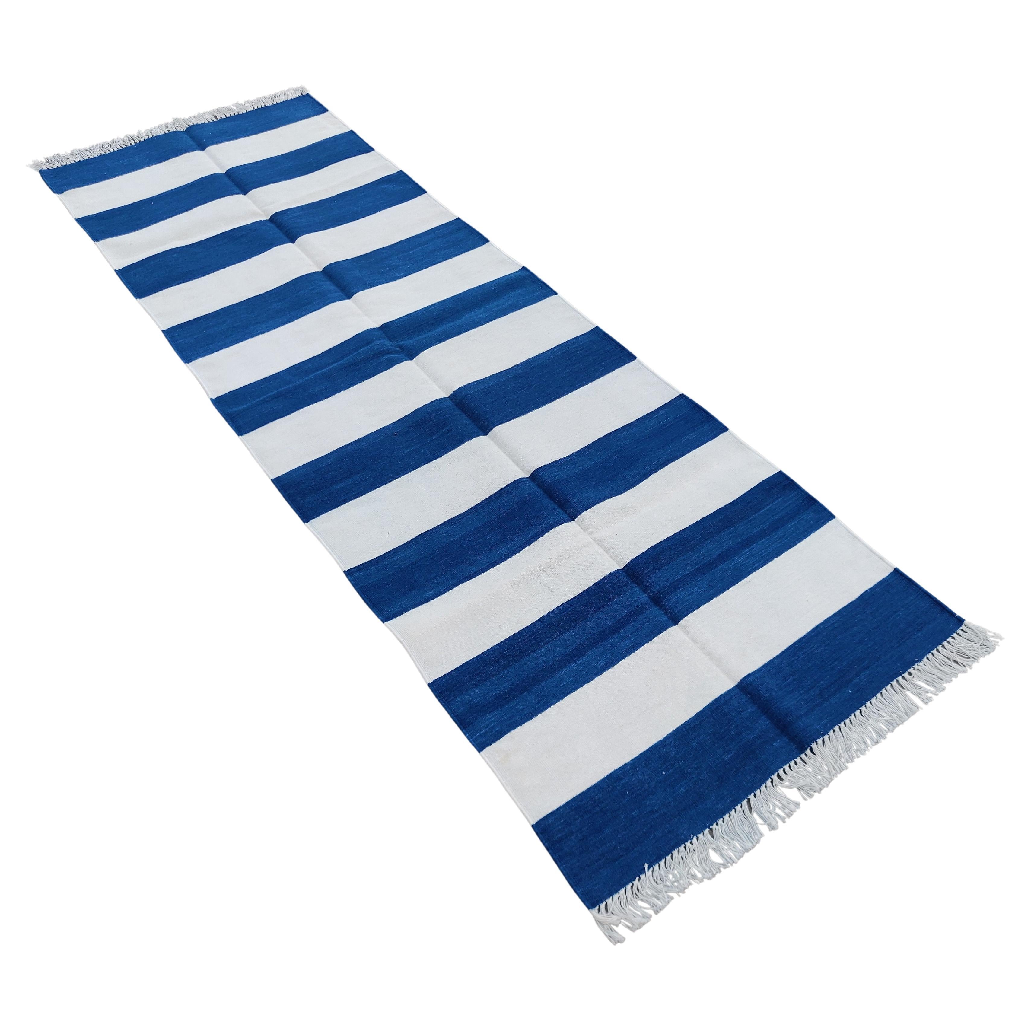 Handmade Cotton Area Flat Weave Runner, 2.5x8 Blue, White Striped Indian Dhurrie For Sale