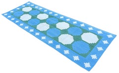 Handmade Cotton Area Flat Weave Runner, 3x9 Blue And Green Tile Indian Dhurrie