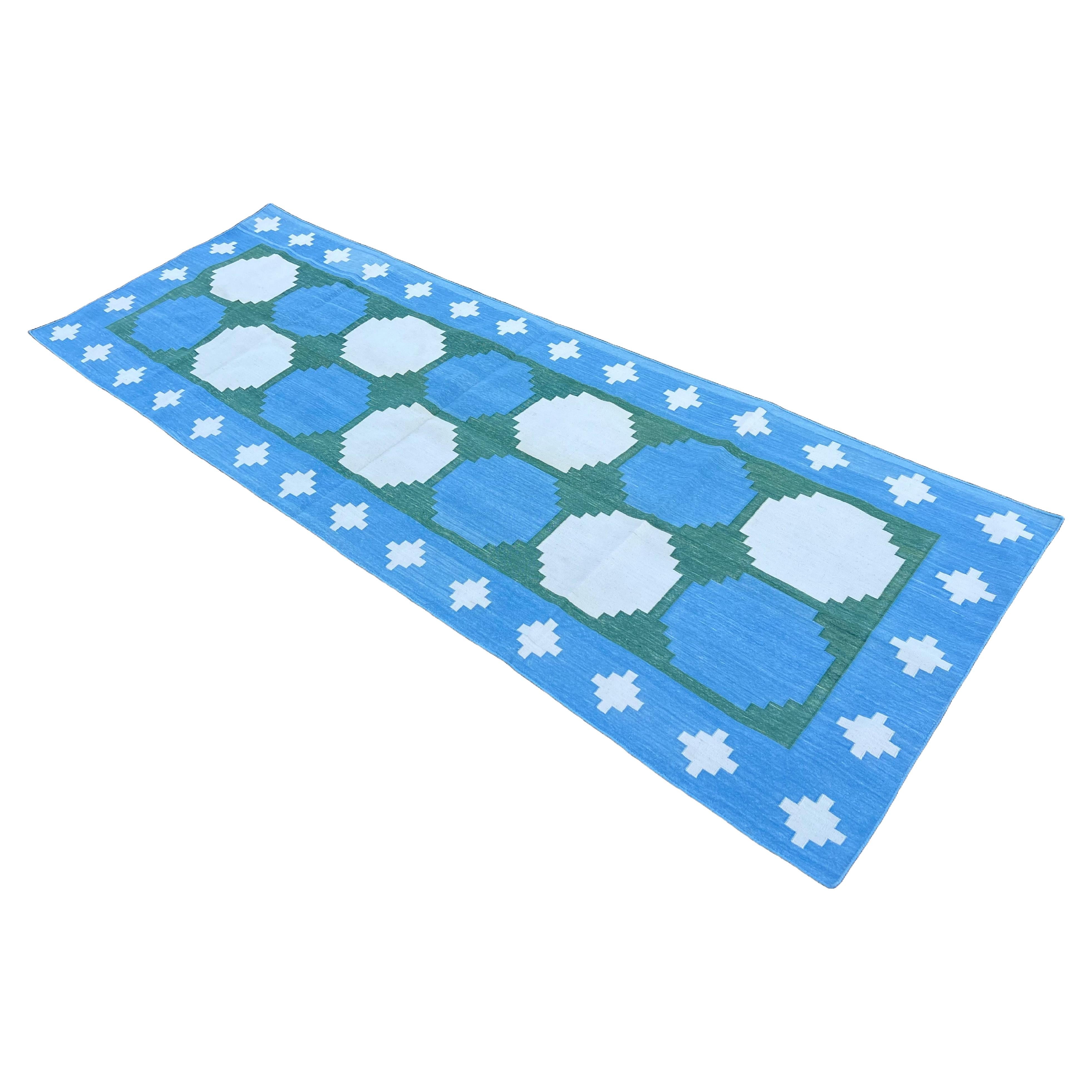Handmade Cotton Area Flat Weave Runner, 3x9 Blue And Green Tile Indian Dhurrie