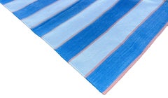 Handmade Cotton Area Flat Weave Runner, 2x10 Blue, Cream Striped Indian Dhurrie
