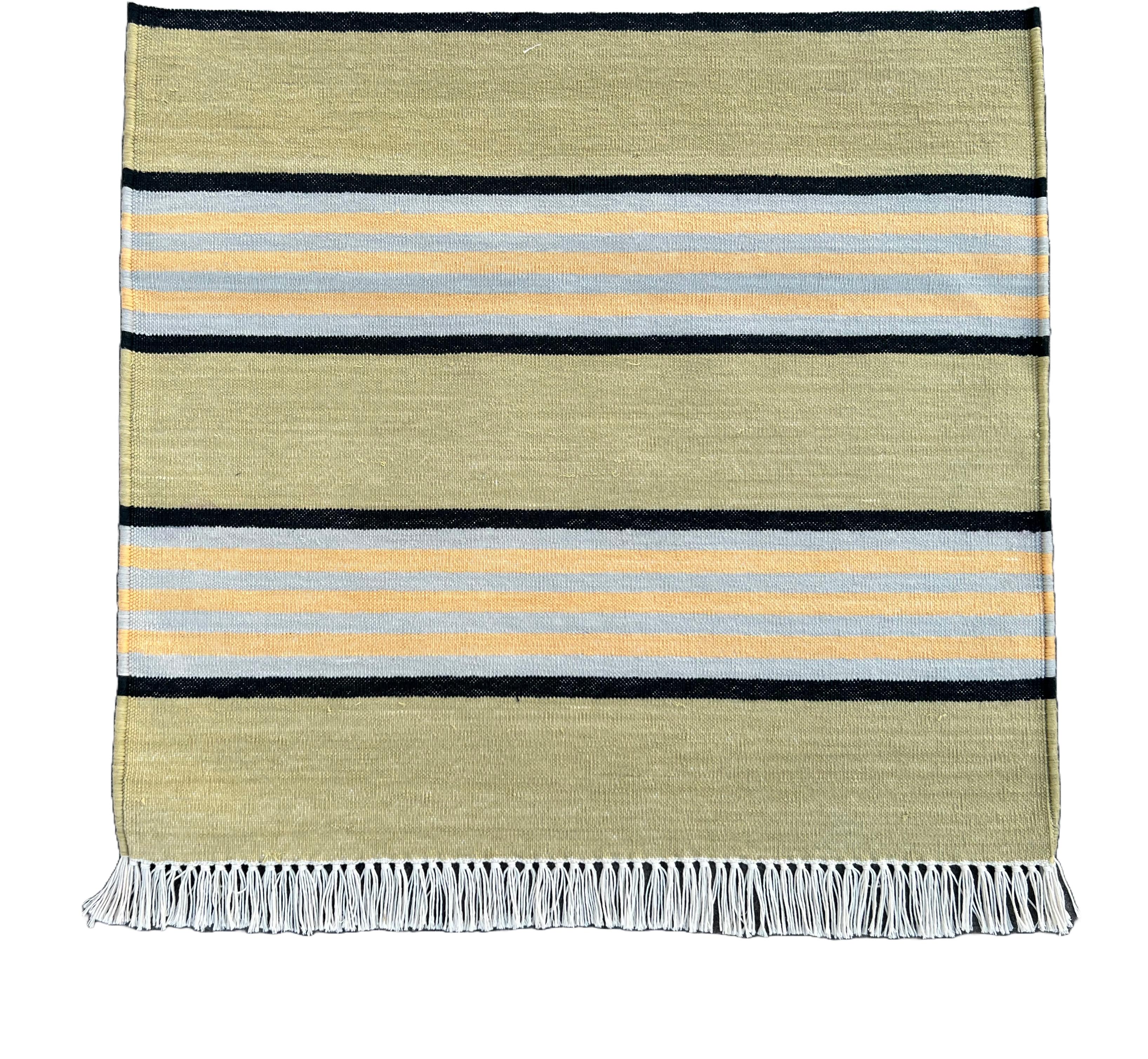 Handmade Cotton Area Flat Weave Runner, 2x10 Green, Black Striped Indian Dhurrie In New Condition For Sale In Jaipur, IN